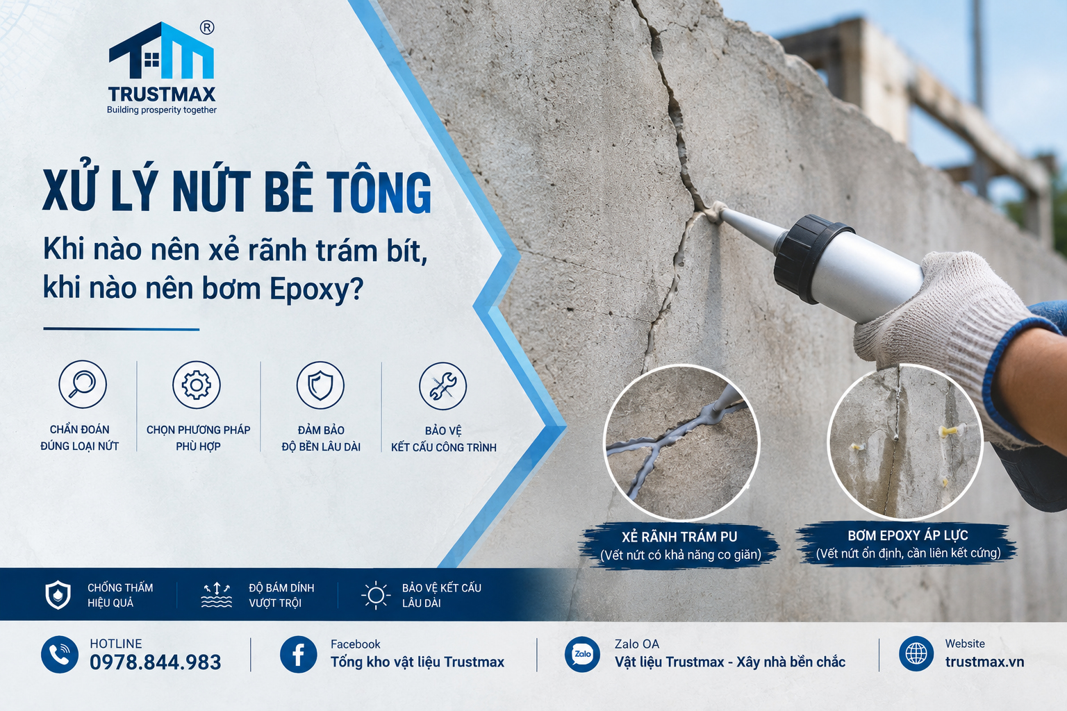Xử lý nứt bê tông: Khi nào nên xẻ rãnh trám bít, khi nào nên bơm epoxy?