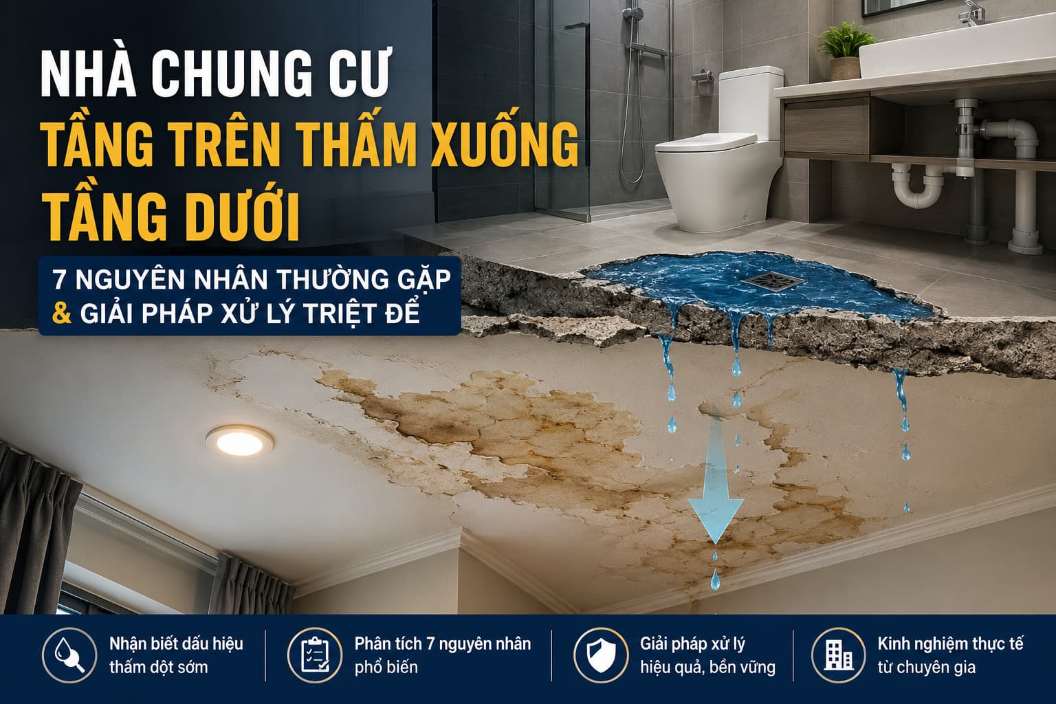 Nhà chung cư tầng trên thấm xuống tầng dưới: 7 nguyên nhân thường gặp và cách xử lý triệt để