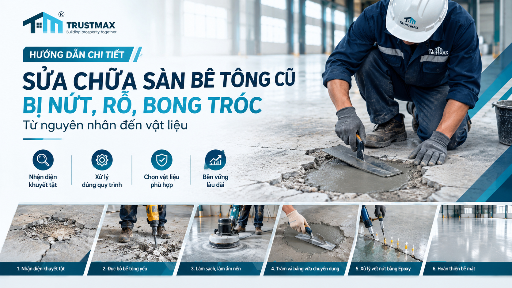 Sửa chữa sàn bê tông cũ bị nứt, rỗ, bong tróc: Hướng dẫn xử lý từ nguyên nhân đến vật liệu