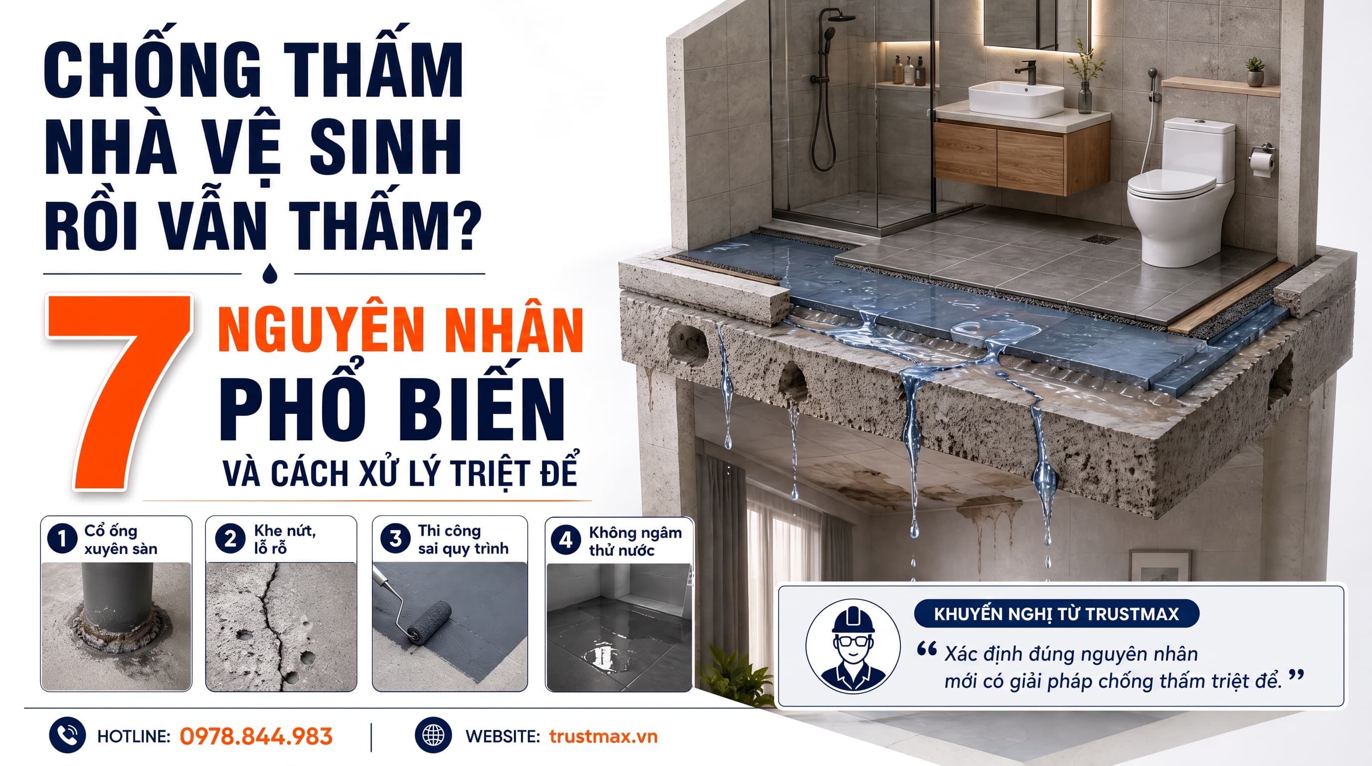Chống thấm nhà vệ sinh rồi vẫn thấm? Đừng vội đục gạch nếu chưa biết 7 nguyên nhân này