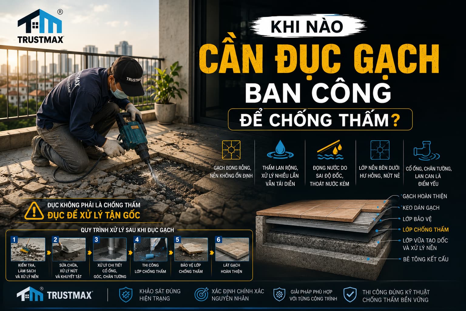 Khi nào cần đục gạch ban công để chống thấm? 5 trường hợp không nên cố giữ nền cũ