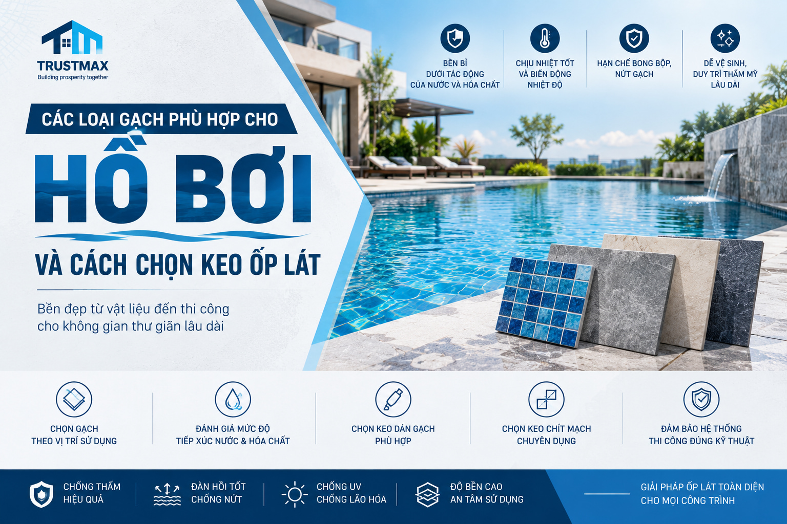 Các loại gạch phù hợp cho hồ bơi và cách chọn keo ốp lát
