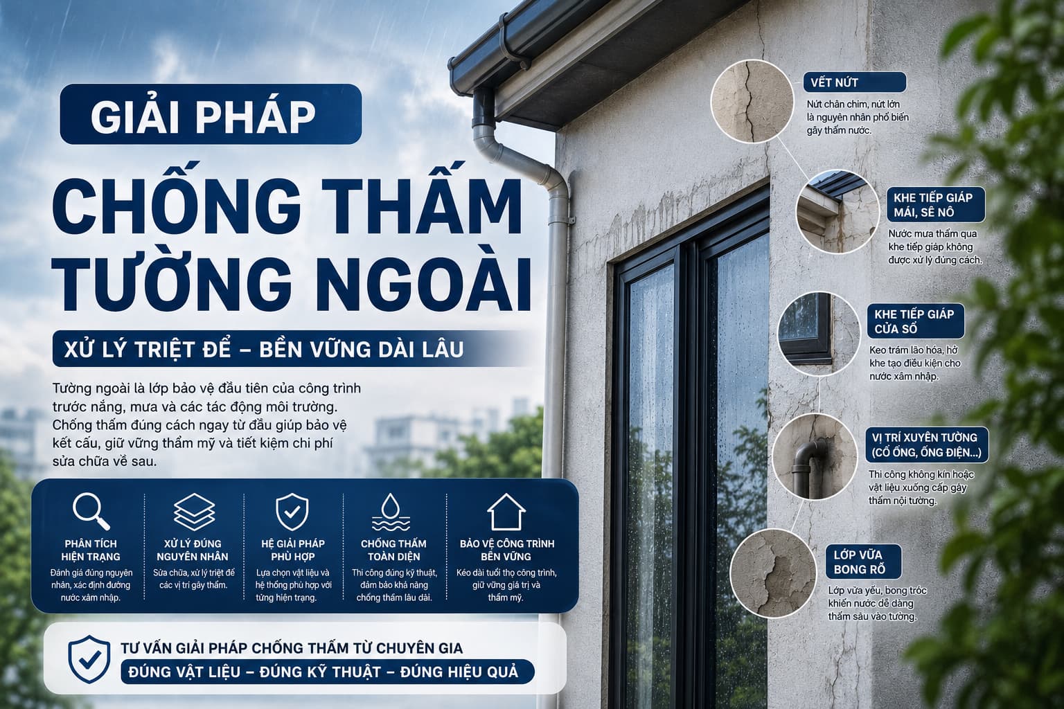Tường ngoài nhà bị thấm nước khi trời mưa? 7 nguyên nhân phổ biến và cách xử lý triệt để
