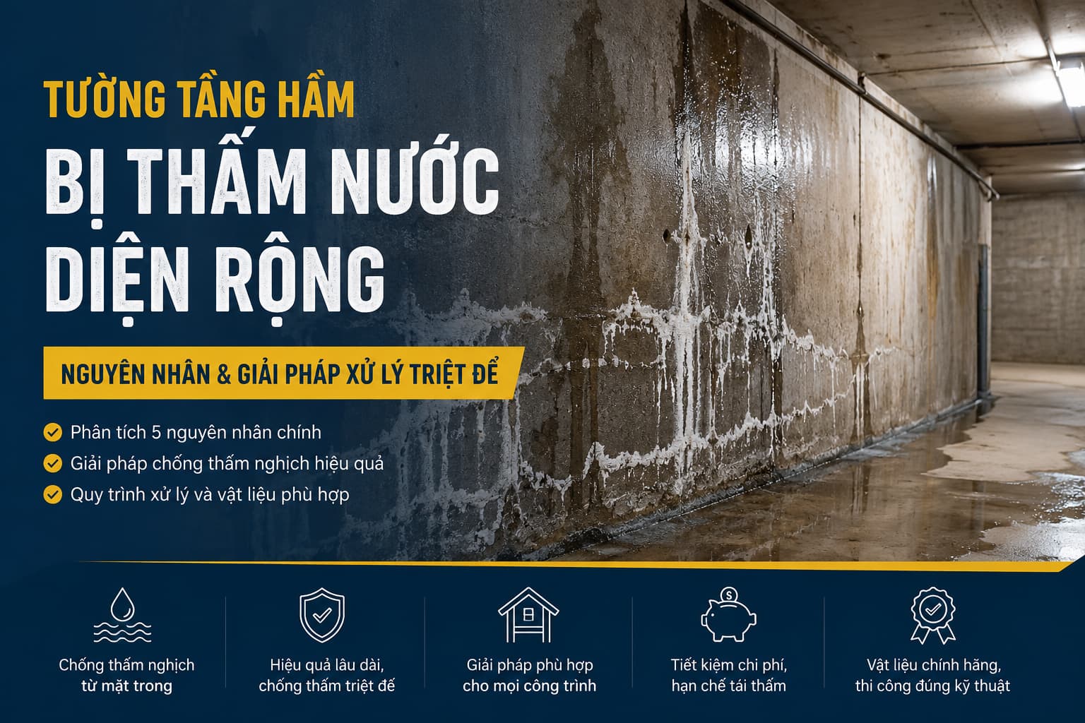 Tường tầng hầm bị thấm nước diện rộng: Không thể đào bên ngoài thì xử lý thế nào để không tái thấm?
