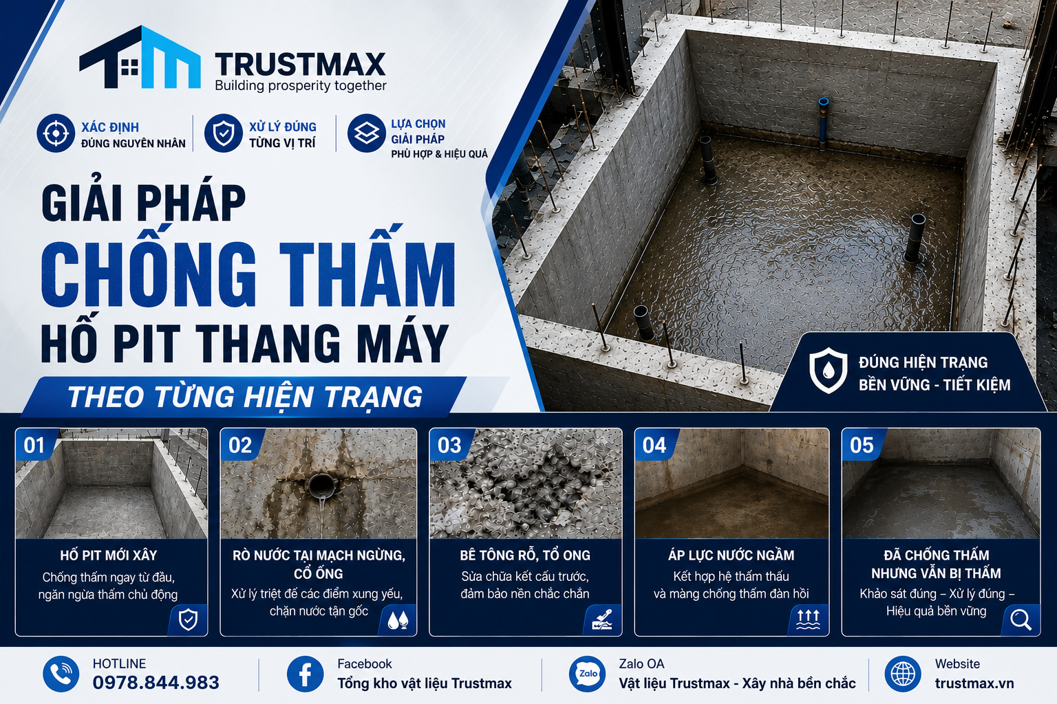 Giải pháp chống thấm hố pit thang máy theo từng hiện trạng