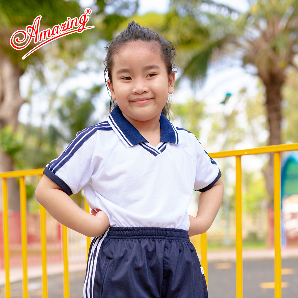 Áo thun thể dục cổ tròn và cổ bẻ Amazing, cho bé gái và bé trai, vải thun cotton, size từ 20-95kg, phối 3 sọc vai