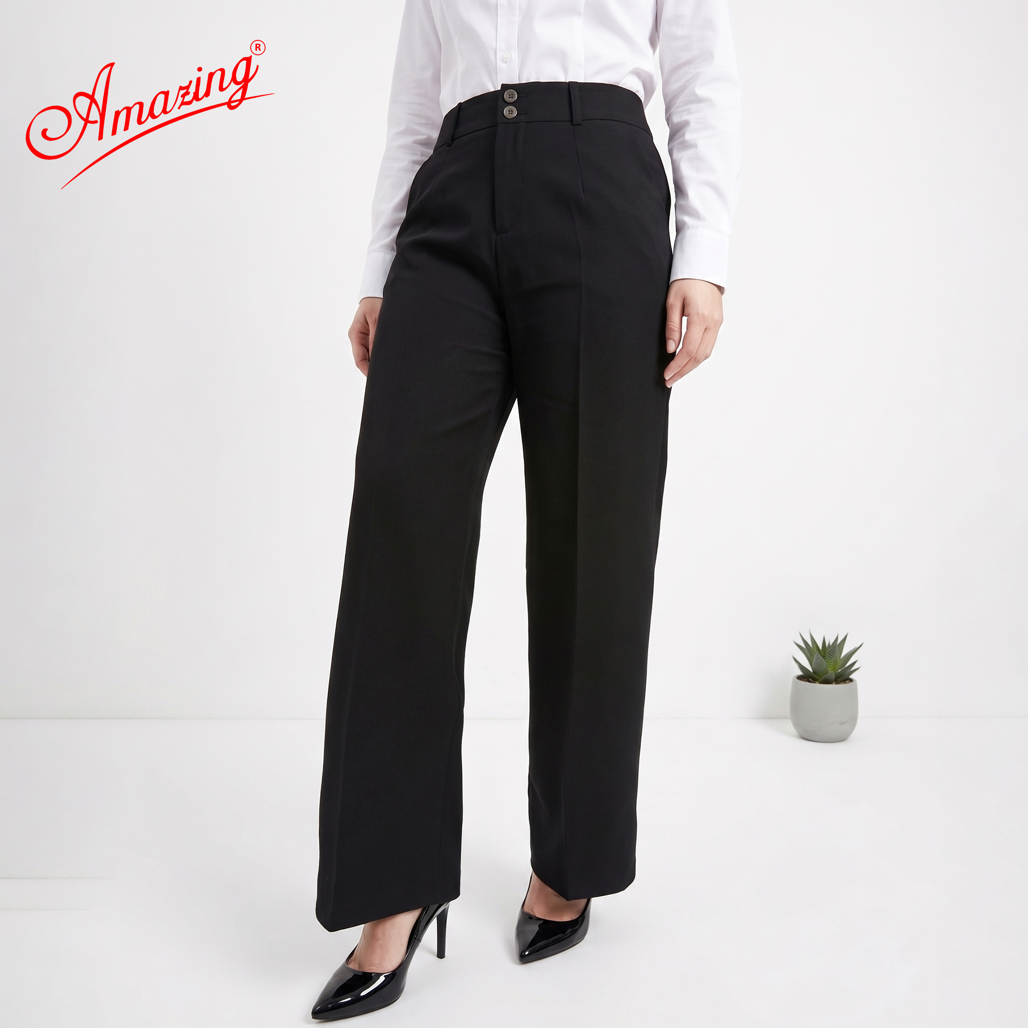 Quần âu nữ ống rộng, màu đen Amazing, dáng suông, vải tuyết mưa cao cấp, mềm, dày, không nhăn, đồng phục học sinh, công sở
