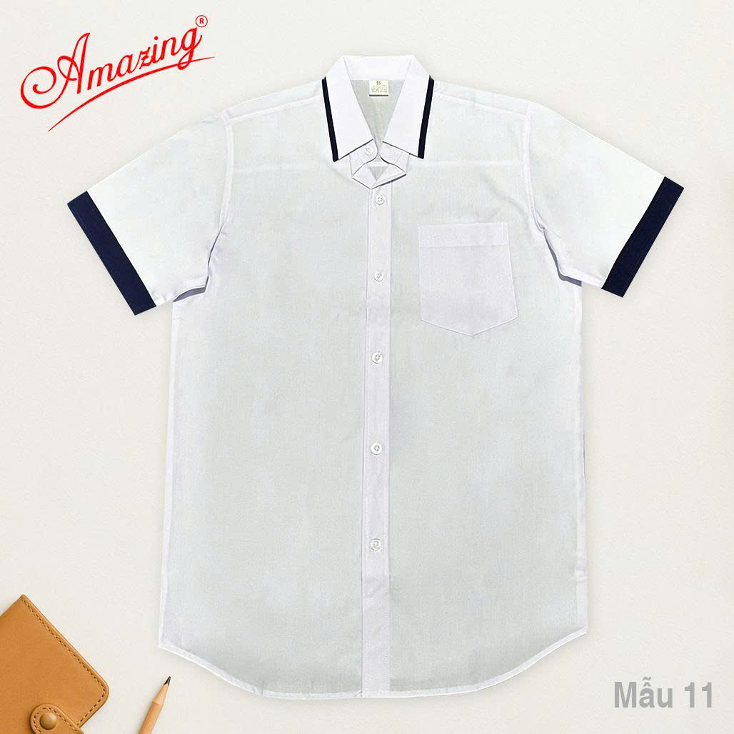 Áo Sơ Mi Trắng bé trai Phối Viền Xanh Đen Chất Vải Kate Silk Mềm Mại Dành Cho Học Sinh Cấp 1 2 big size 80kg