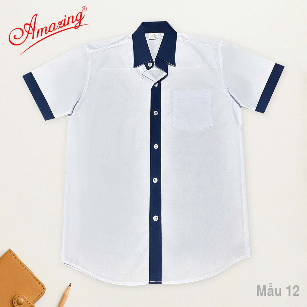 Áo Sơ Mi Trắng bé trai Phối Viền Xanh Đen Chất Vải Kate Silk Mềm Mại Dành Cho Học Sinh Cấp 1 2 big size 80kg