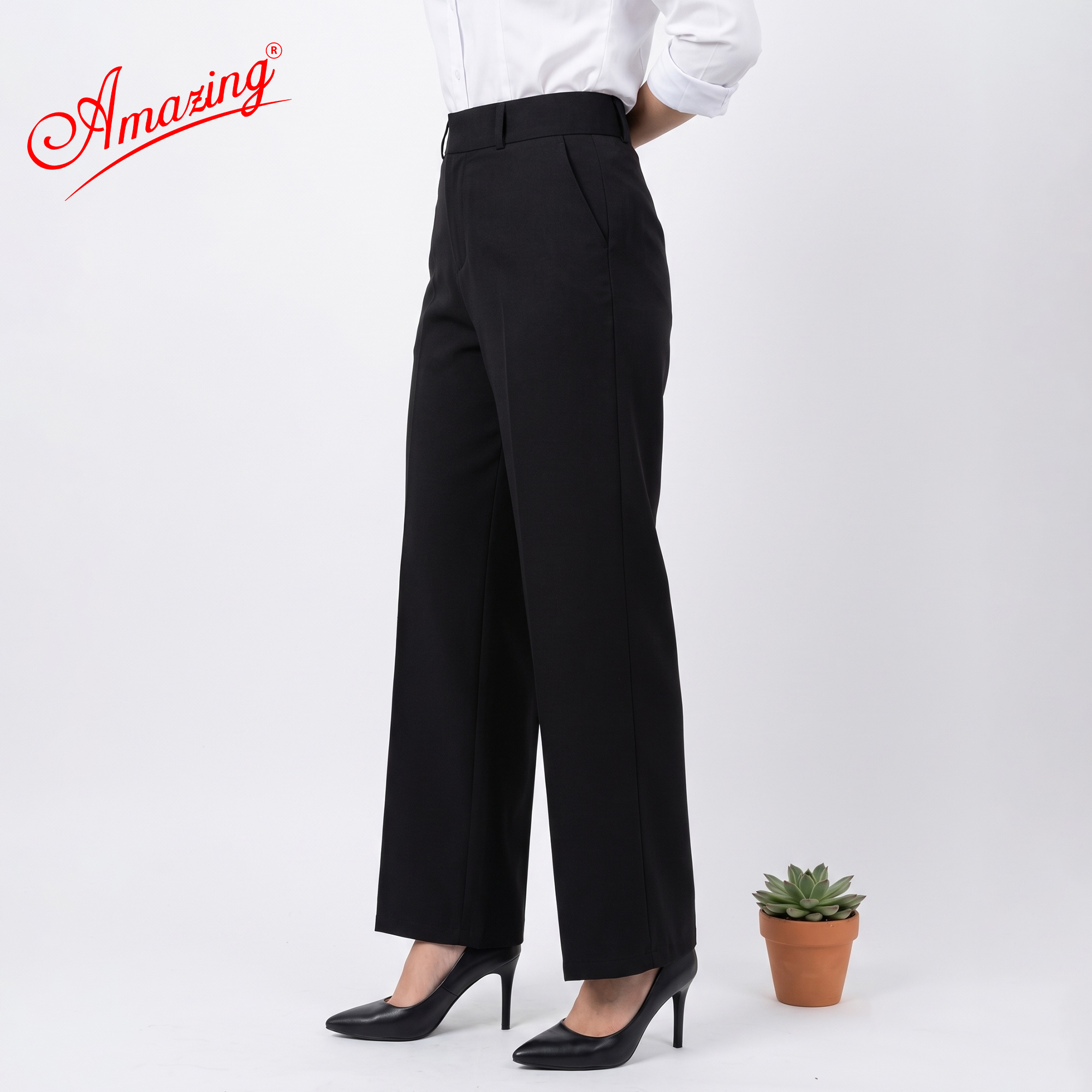 Quần âu nữ ống rộng, màu đen Amazing, dáng suông, vải tuyết mưa cao cấp, mềm, dày, không nhăn, đồng phục học sinh, công sở