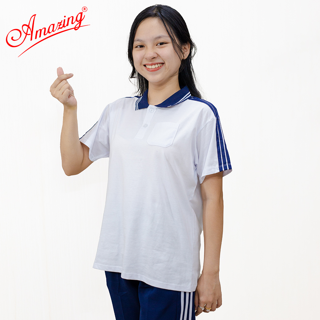 Áo thể dục 3 sọc vai, cổ trụ có 1 túi, cho bé đi học các cấp, big size đến 100kg, hiệu Amazing