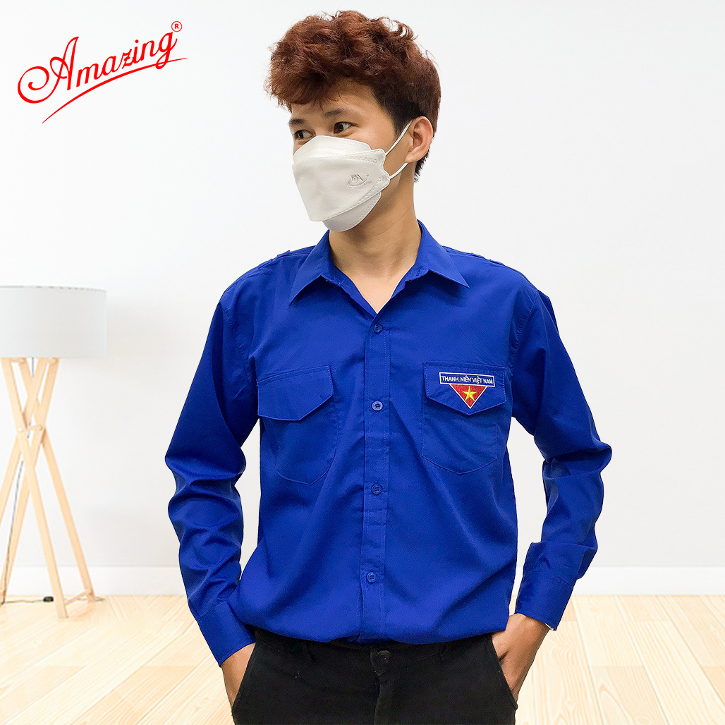 Áo sơ mi đoàn viên Việt Nam cho nam Amazing, tay dài và tay ngắn, thêu cờ đỏ sao vàng, 2 túi có nắp và cầu vai