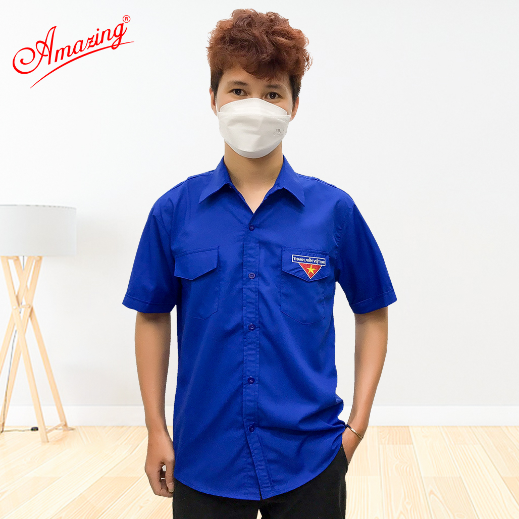 Áo sơ mi đoàn viên Việt Nam cho nam Amazing, tay dài và tay ngắn, thêu cờ đỏ sao vàng, 2 túi có nắp và cầu vai