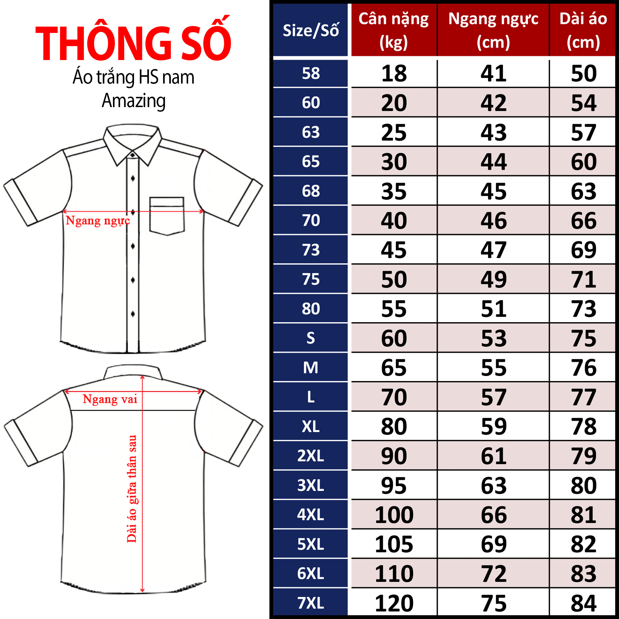 Áo trắng học sinh nam Amazing tay dài và tay ngắn, dáng suông, tà bầu, đồng phục học sinh, công sở, size từ 20-100kg
