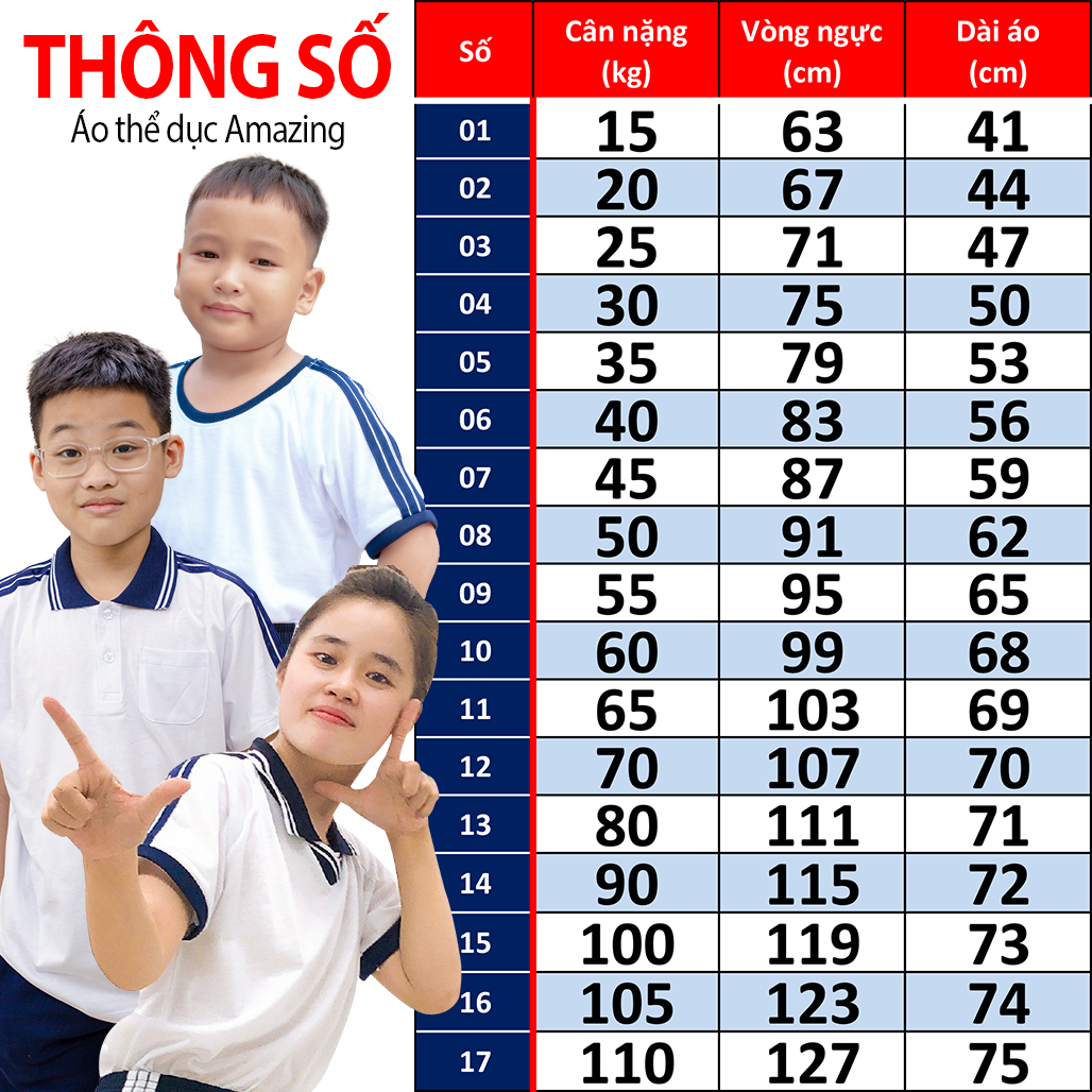 Áo thể dục 3 sọc vai, cổ trụ có 1 túi, cho bé đi học các cấp, big size đến 100kg, hiệu Amazing