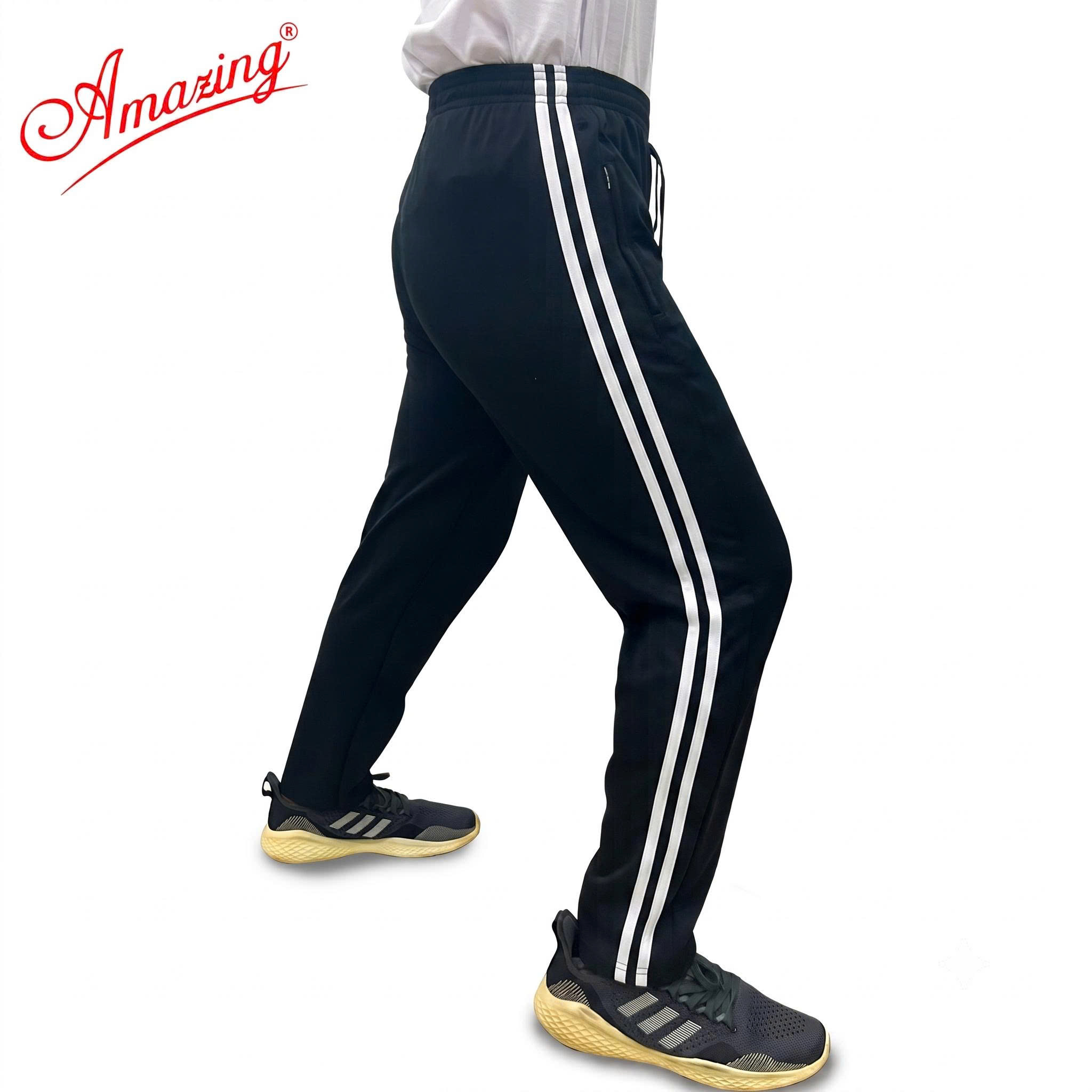 Quần thun thể dục sọc trắng Amazing, màu đen và xanh đen , vải thun co giãn 4 chiều, unisex