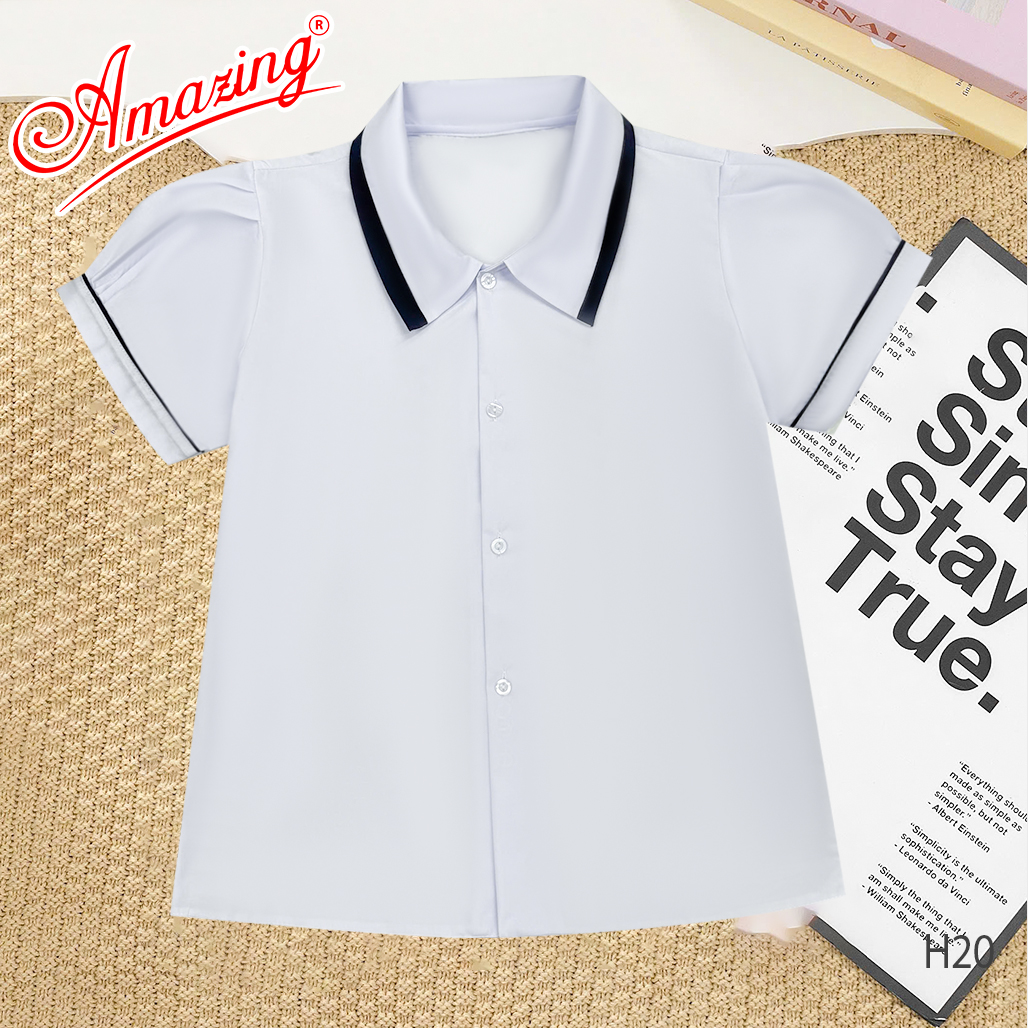 Áo trắng cổ lá sen cho bé gái đi học, vải kate silk hút mồ hôi, tay phồng, size từ 18kg đến 60kg