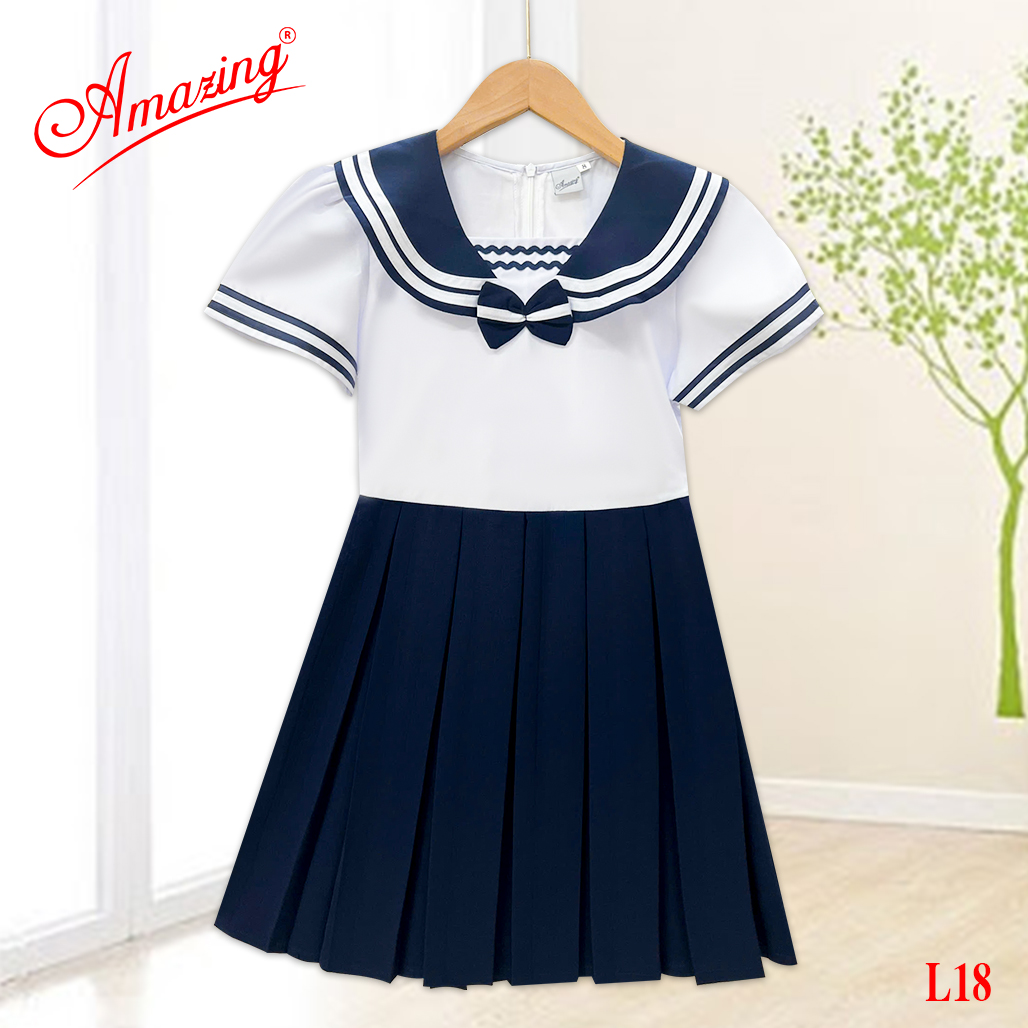 Đầm liền đồng phục cho bé gái đi học, tùng xếp ly và tùng xéo, có dây thắt lưng và khóa kéo