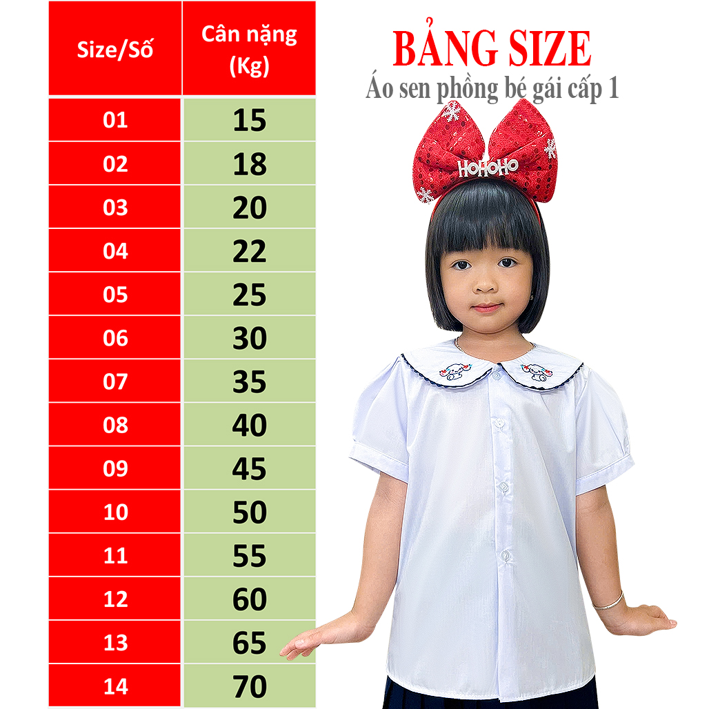 Áo trắng bé gái cổ lá sen, đồng phục đến trường, vải kate silk thấm hút mồ hôi