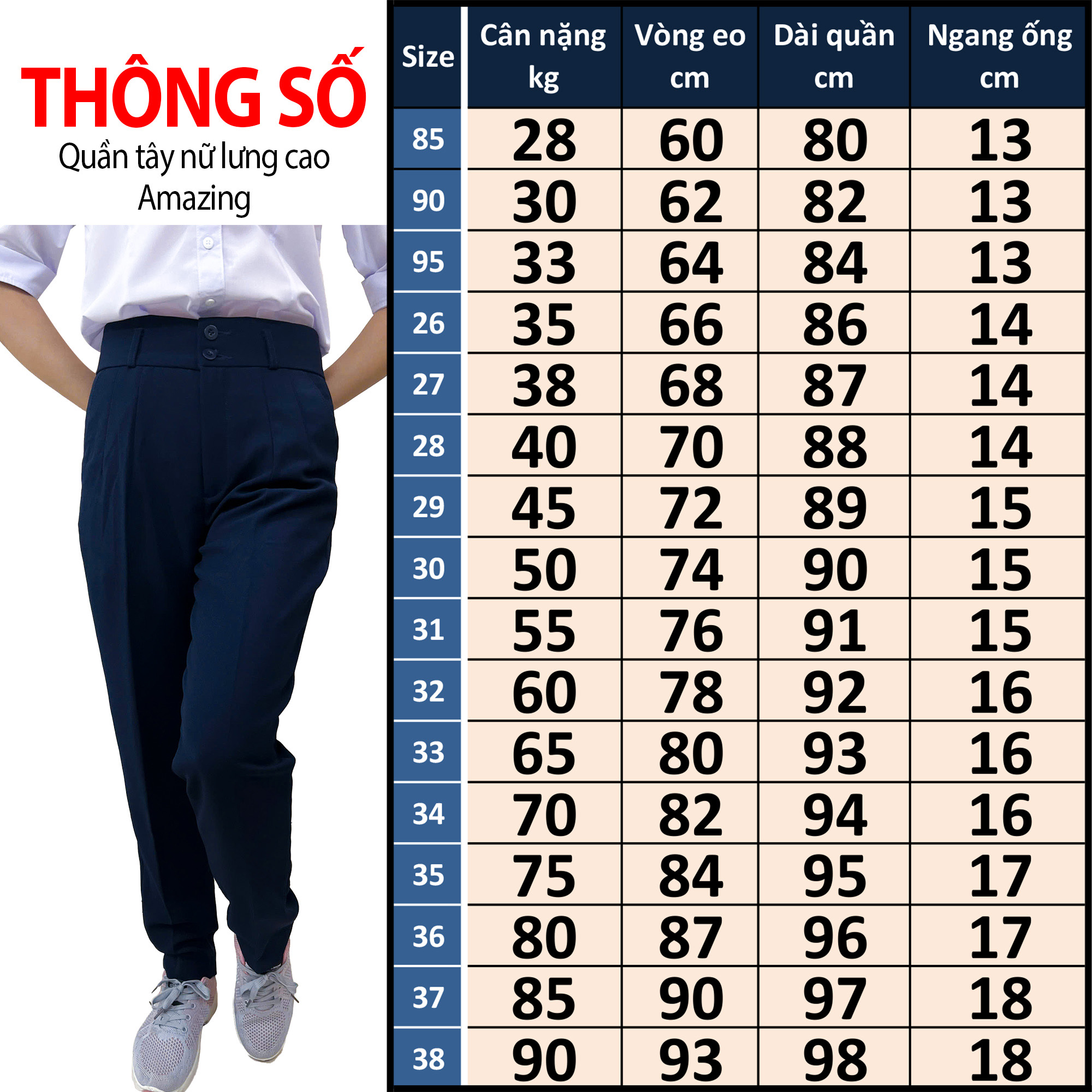 Quần nữ Amazing lưng cao 2 nút đồng phục học sinh vải tuyết mưa dày mềm không nhăn màu xanh đen và đen