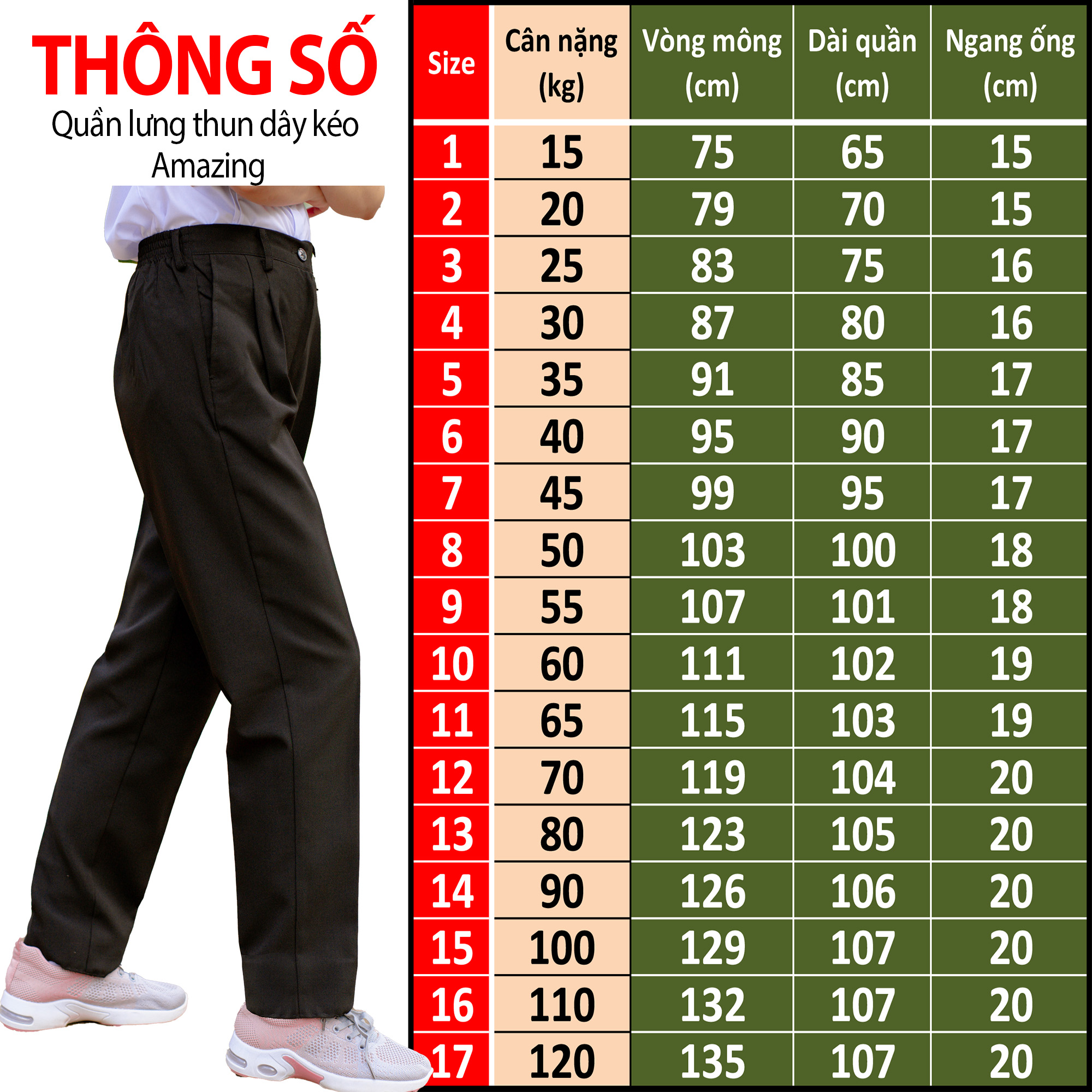 Quần dài học sinh Amazing cho nam và nữ, 2 màu đen và xanh đen, lưng thun sau, xếp 2 ly, dây kéo, form rộng, size tới 110kg