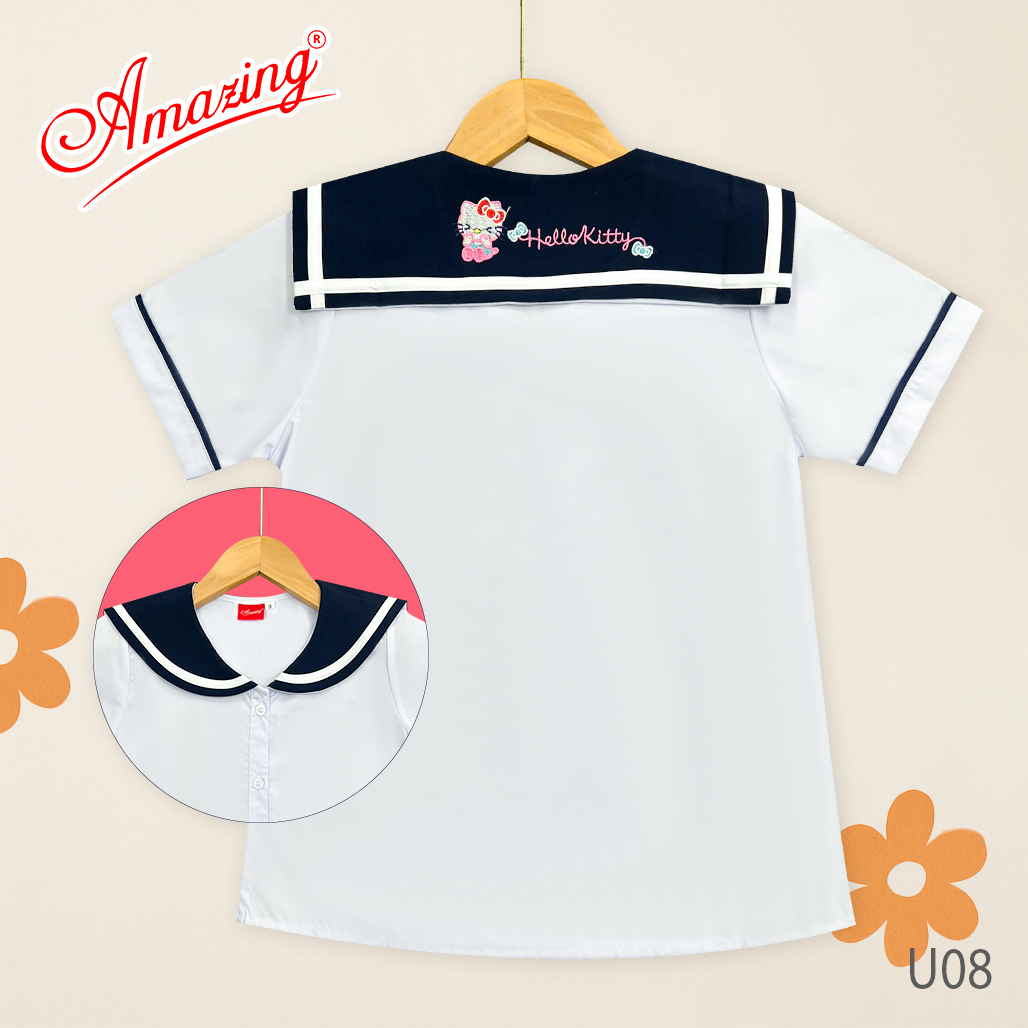 Áo sơ mi trắng cổ lá sen viền cao cấp cho bé gái đến trường, big size đến 70kg