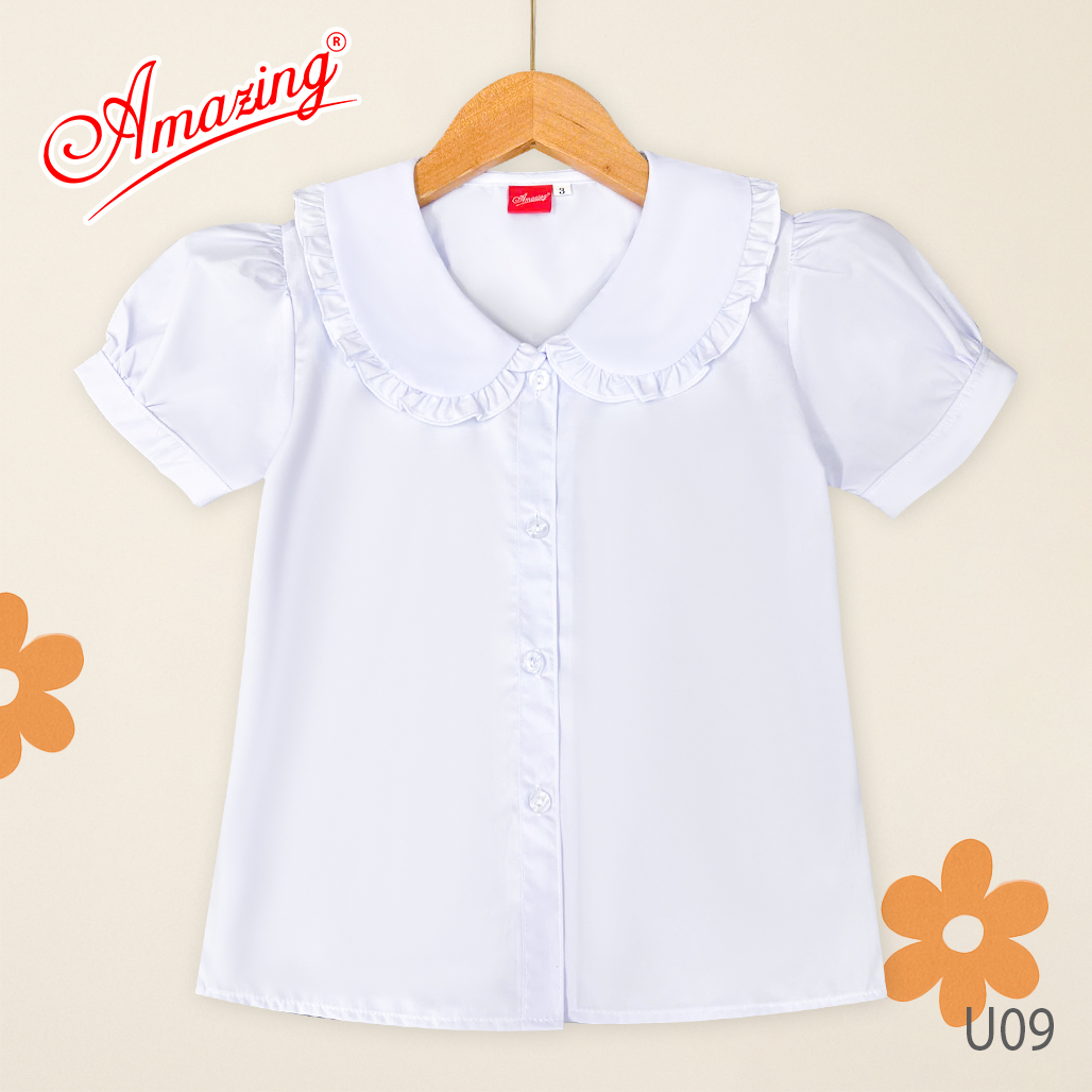 Áo trắng bé gái cổ lá sen, đồng phục đến trường, vải kate silk thấm hút mồ hôi