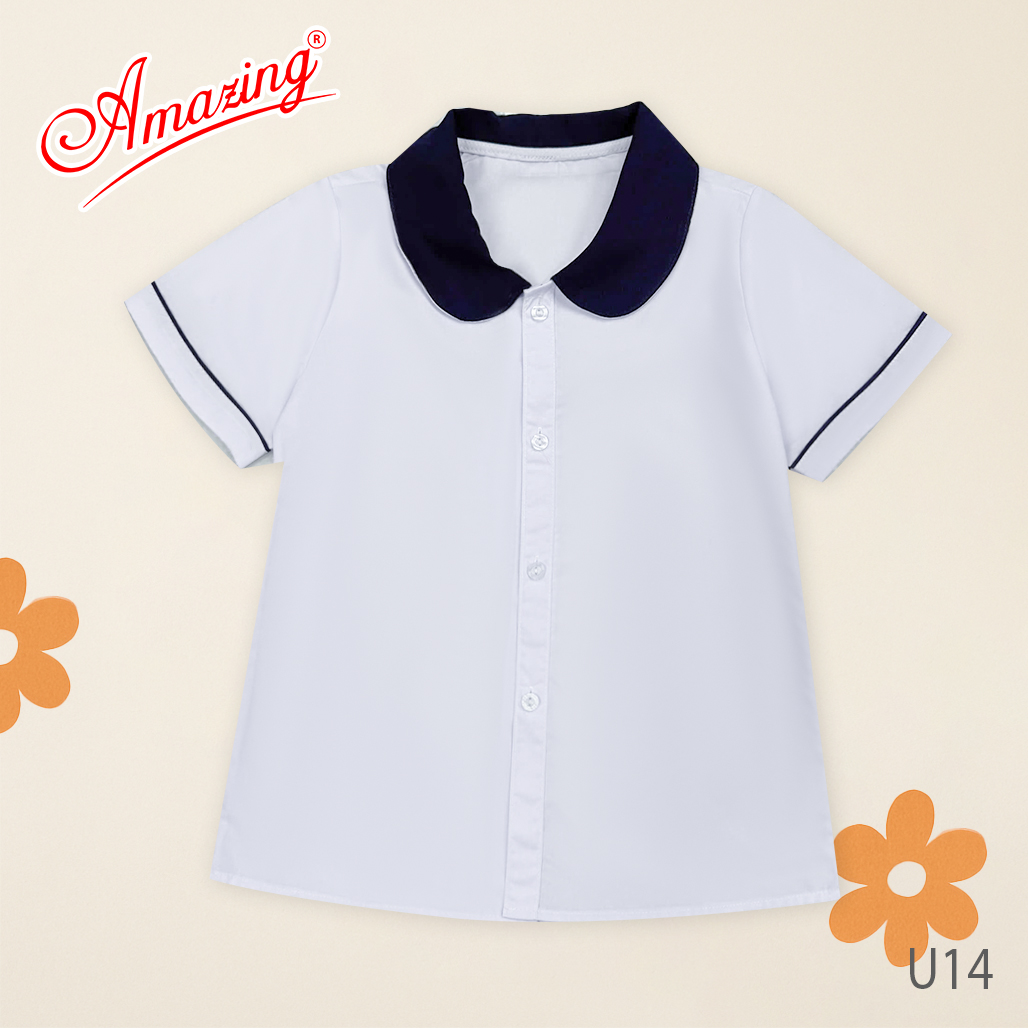 Áo trắng bé gái cổ lá sen, đồng phục đến trường, vải kate silk thấm hút mồ hôi
