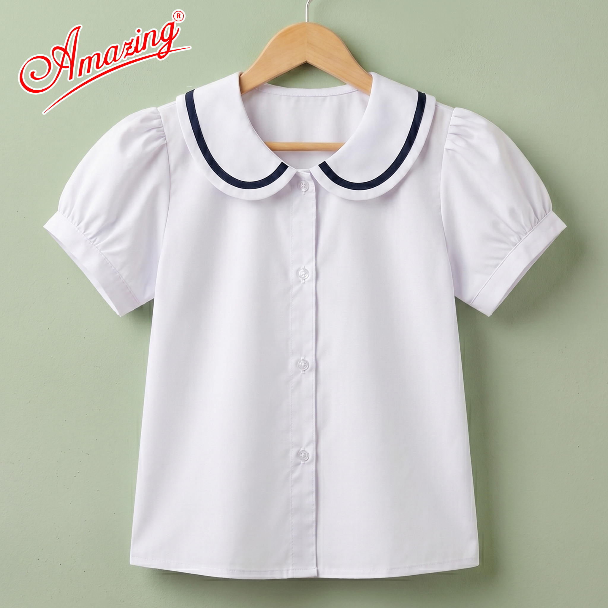 Áo trắng bé gái cổ lá sen, đồng phục đến trường, vải kate silk thấm hút mồ hôi