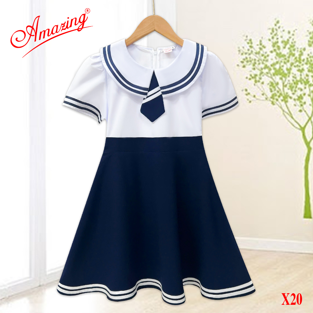 Đầm liền đồng phục cho bé gái đi học, tùng xếp ly và tùng xéo, có dây thắt lưng và khóa kéo