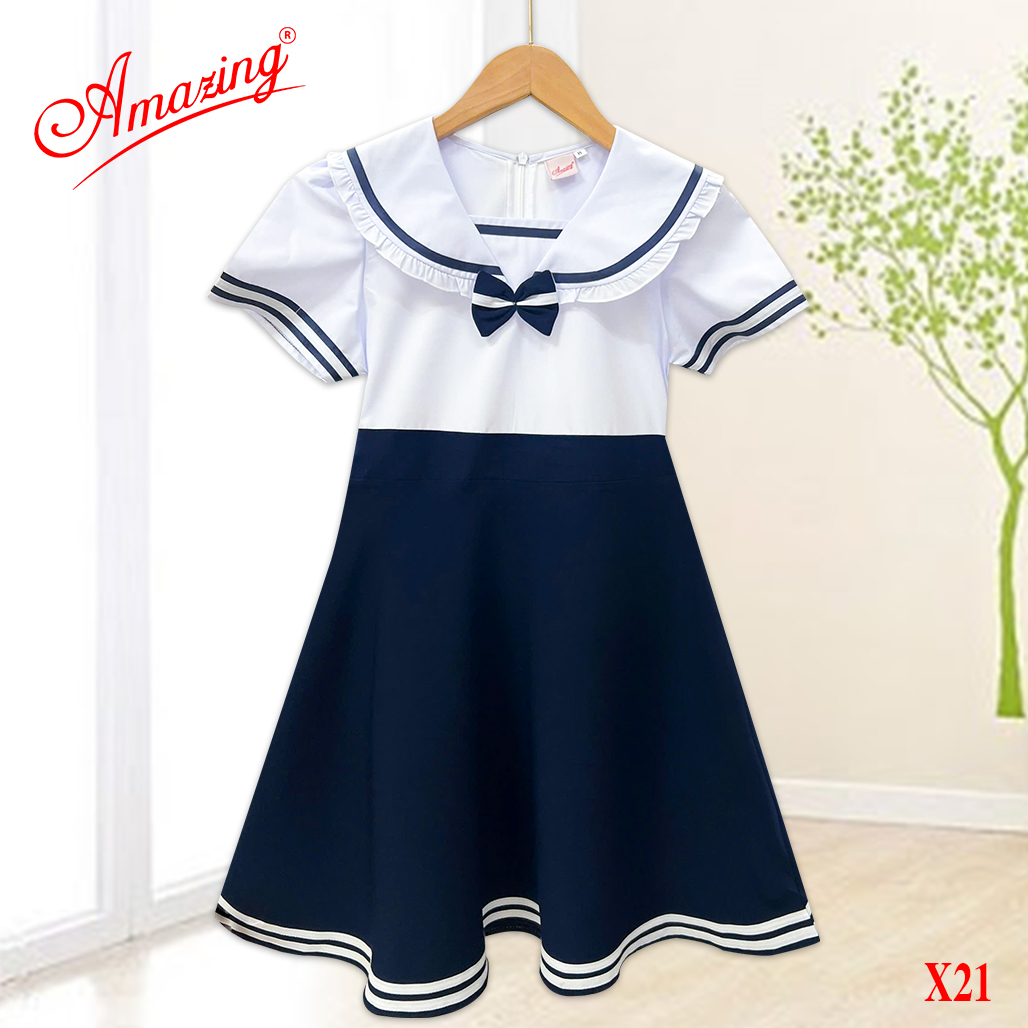 Đầm liền đồng phục cho bé gái đi học, tùng xếp ly và tùng xéo, có dây thắt lưng và khóa kéo