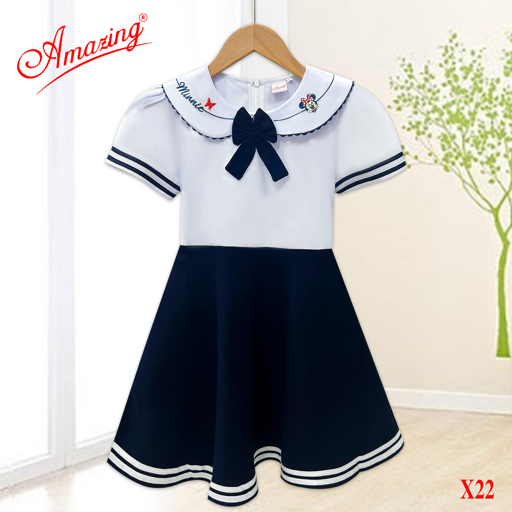 Đầm liền bé gái thêu hình xinh xắn, đồng phục học sinh, tay bồng, nhiều kiểu, có dây cột sau eo