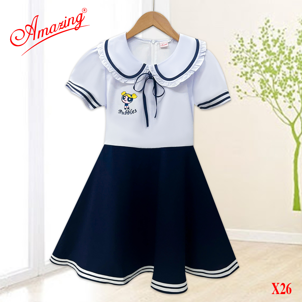 Đầm liền bé gái thêu hình xinh xắn, đồng phục học sinh, tay bồng, nhiều kiểu, có dây cột sau eo