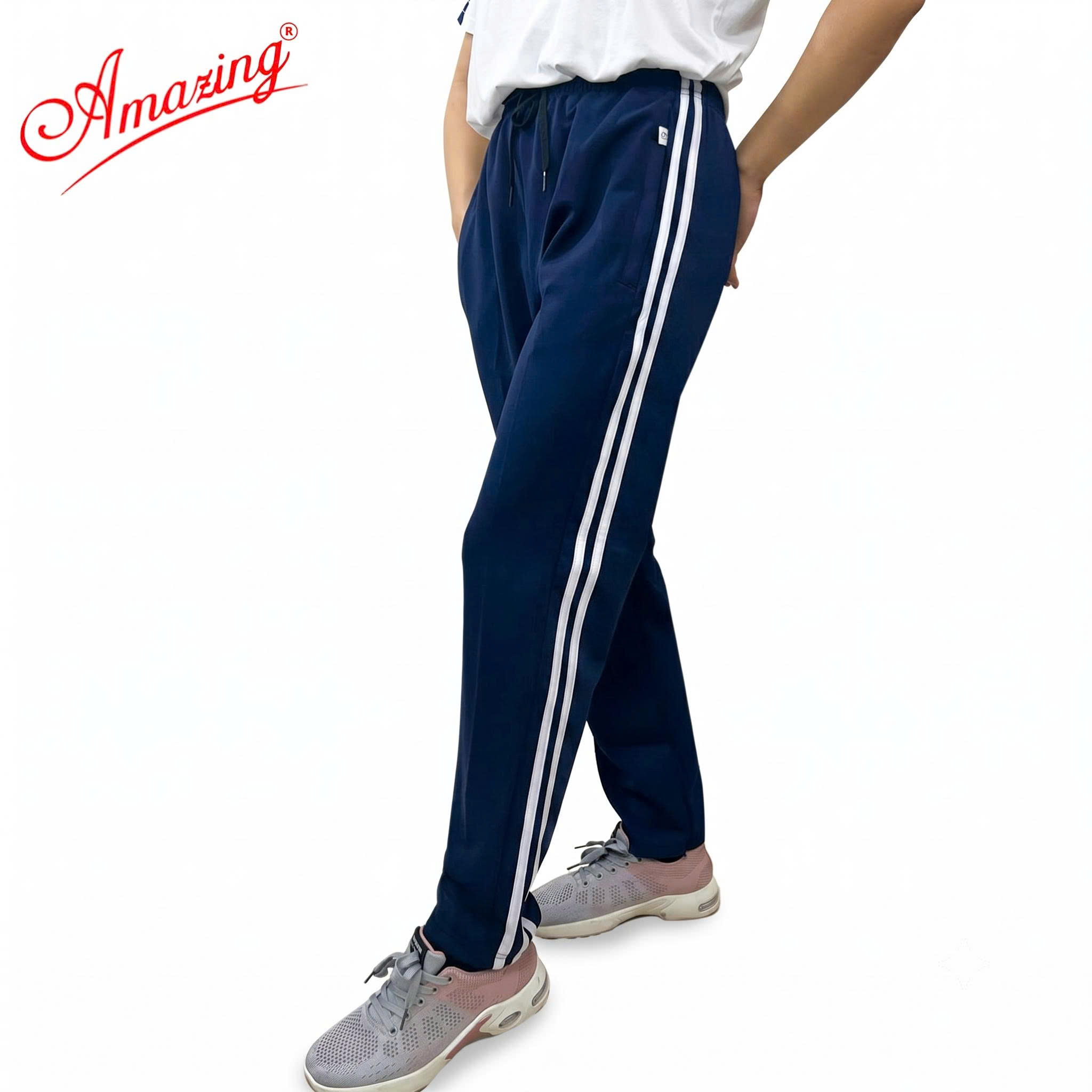 Quần thun thể dục sọc trắng Amazing, màu đen và xanh đen , vải thun co giãn 4 chiều, unisex