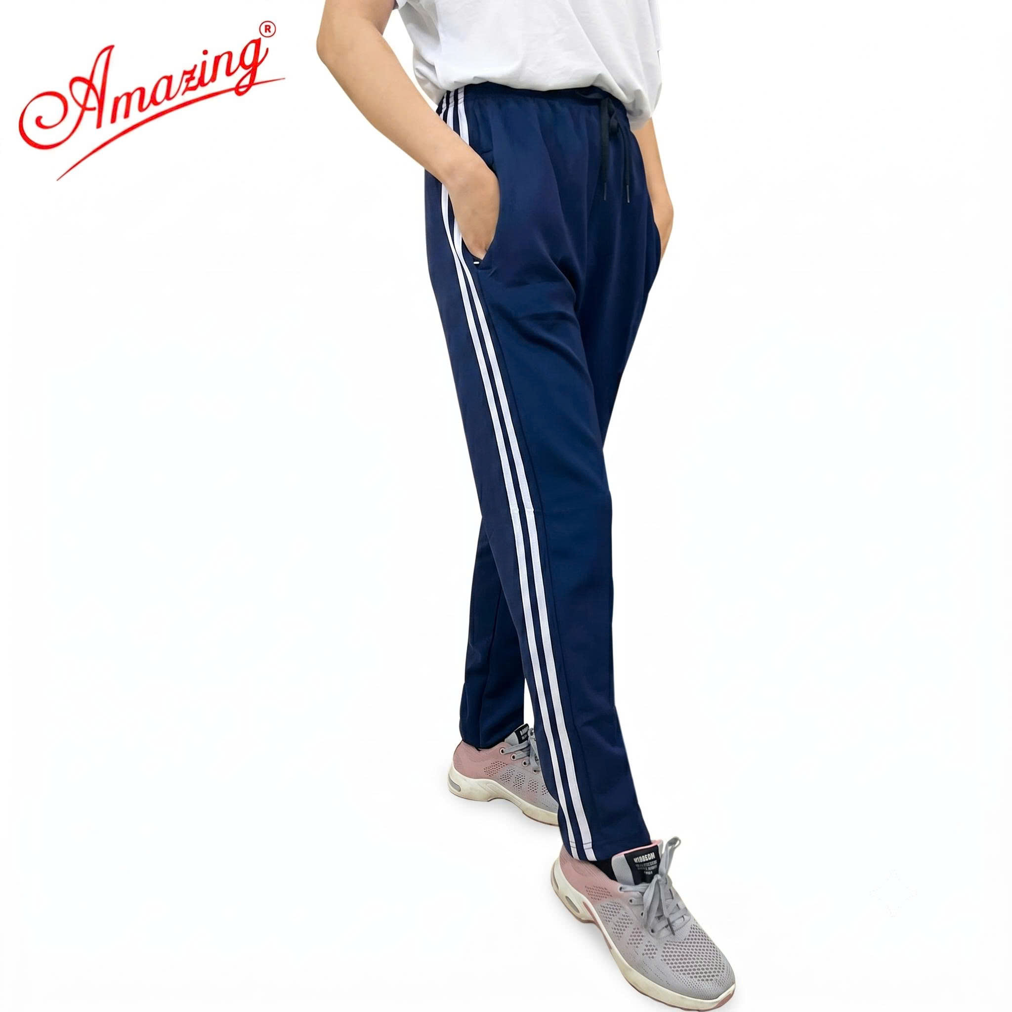 Quần thun thể dục sọc trắng Amazing, màu đen và xanh đen , vải thun co giãn 4 chiều, unisex