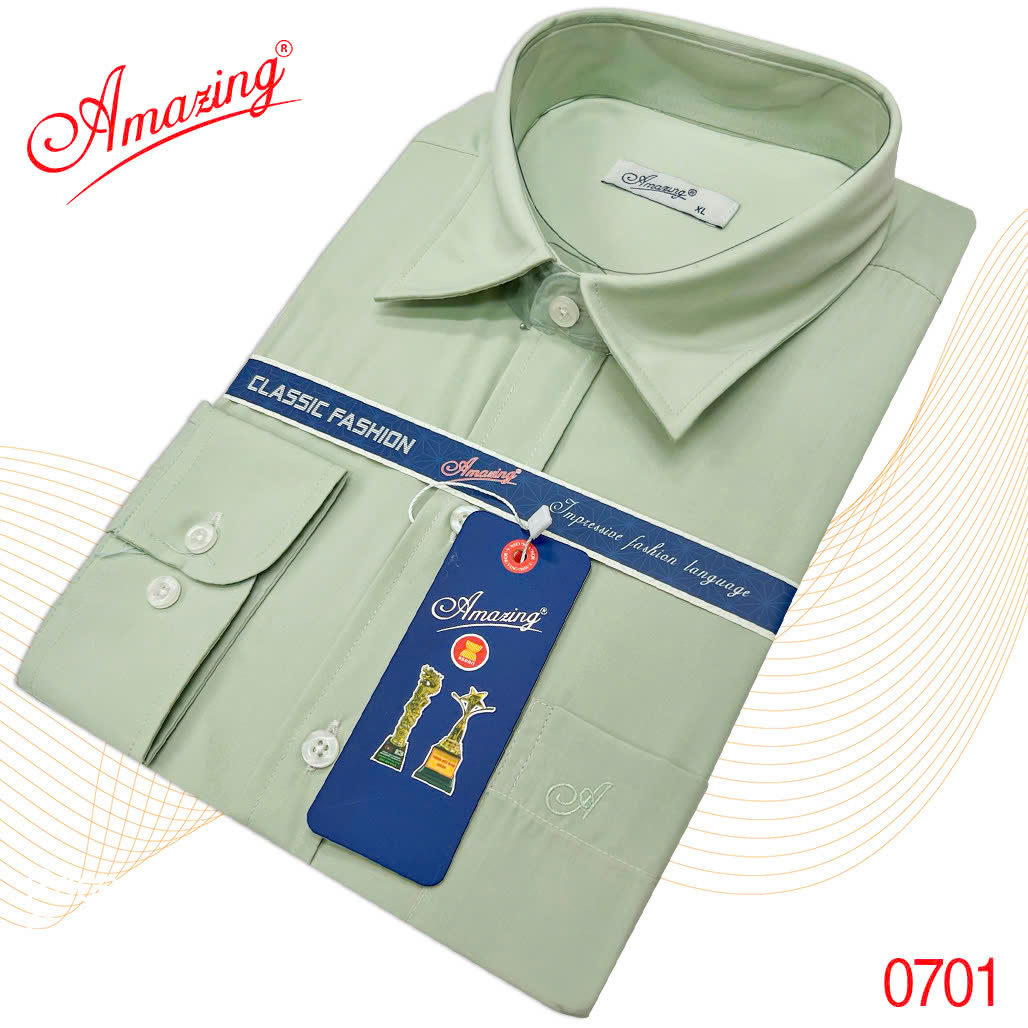 Áo somi nam màu trơn Amazing, thời trang công sở cao cấp trung niên, form rộng dáng suông, dài tay, đuôi tôm, big size