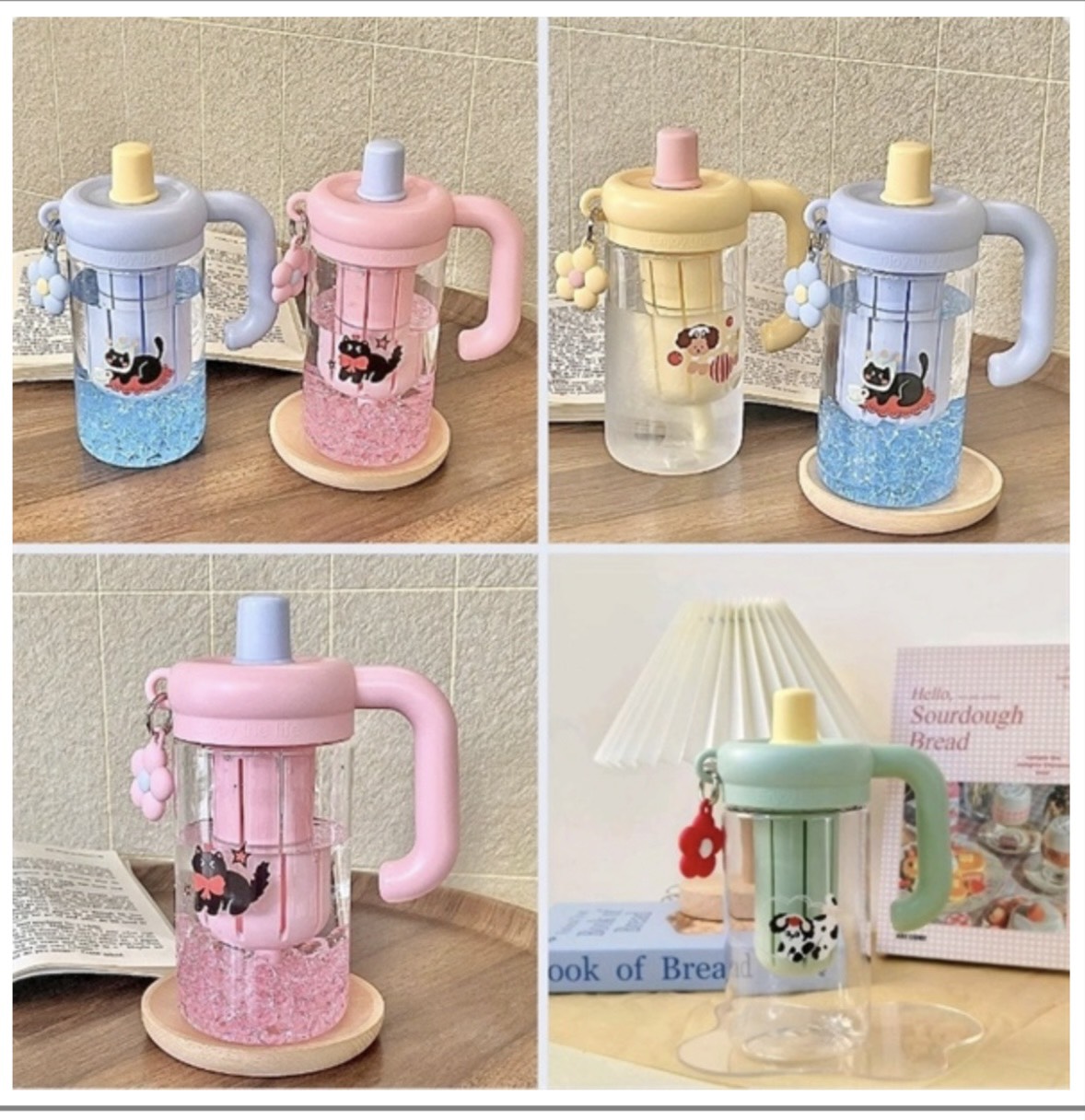 Bình Nước Nhựa Chú Mèo Bông Hoa