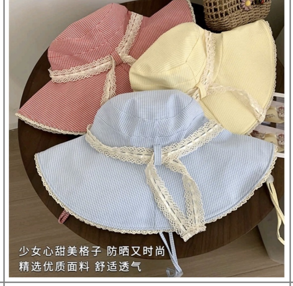 Mũ Rộng Vành Nơ Ren Caro