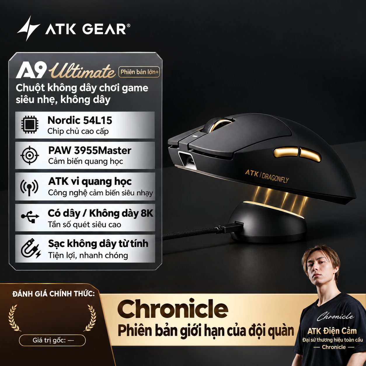 [GROUP BUY] CHUỘT GAMING ATK A9 ULTIMATE+ DOCK SẠC RGB