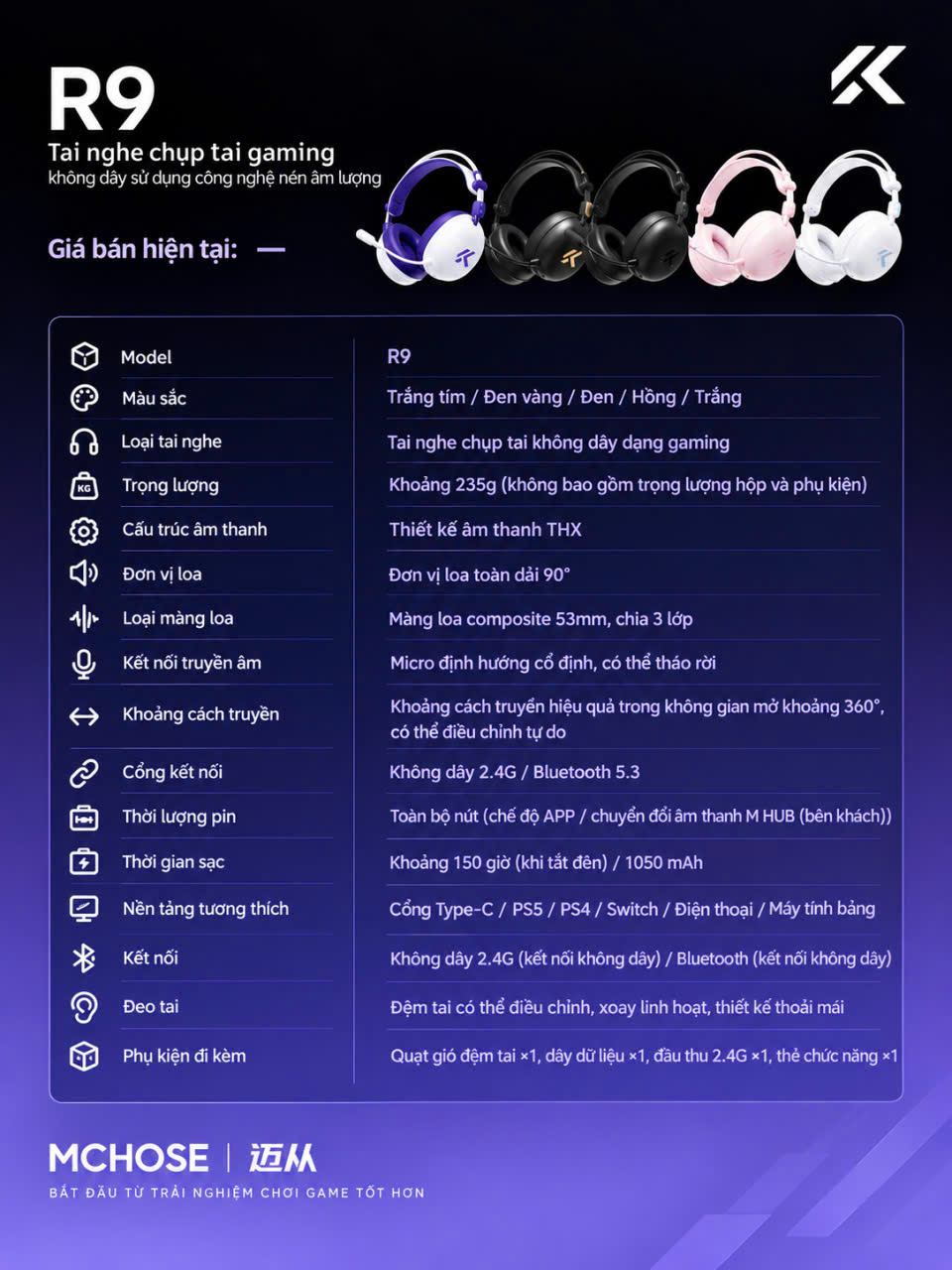 [GROUP BUY] TAI NGHE GAMING KHÔNG DÂY MCHOSE R9 SUPERLIGHT NEW