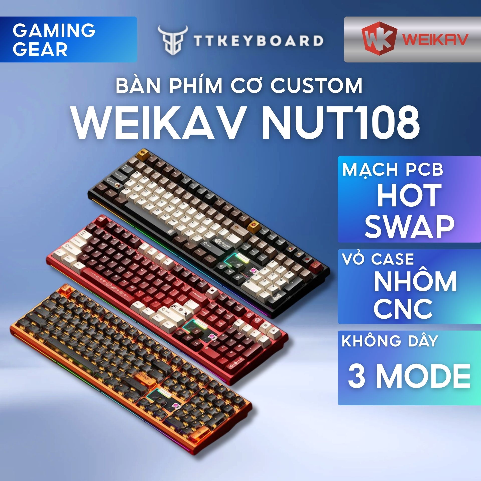 Bàn Phím Cơ WEIKAV NUT108 Nhôm CNC 3 Mode Full Size