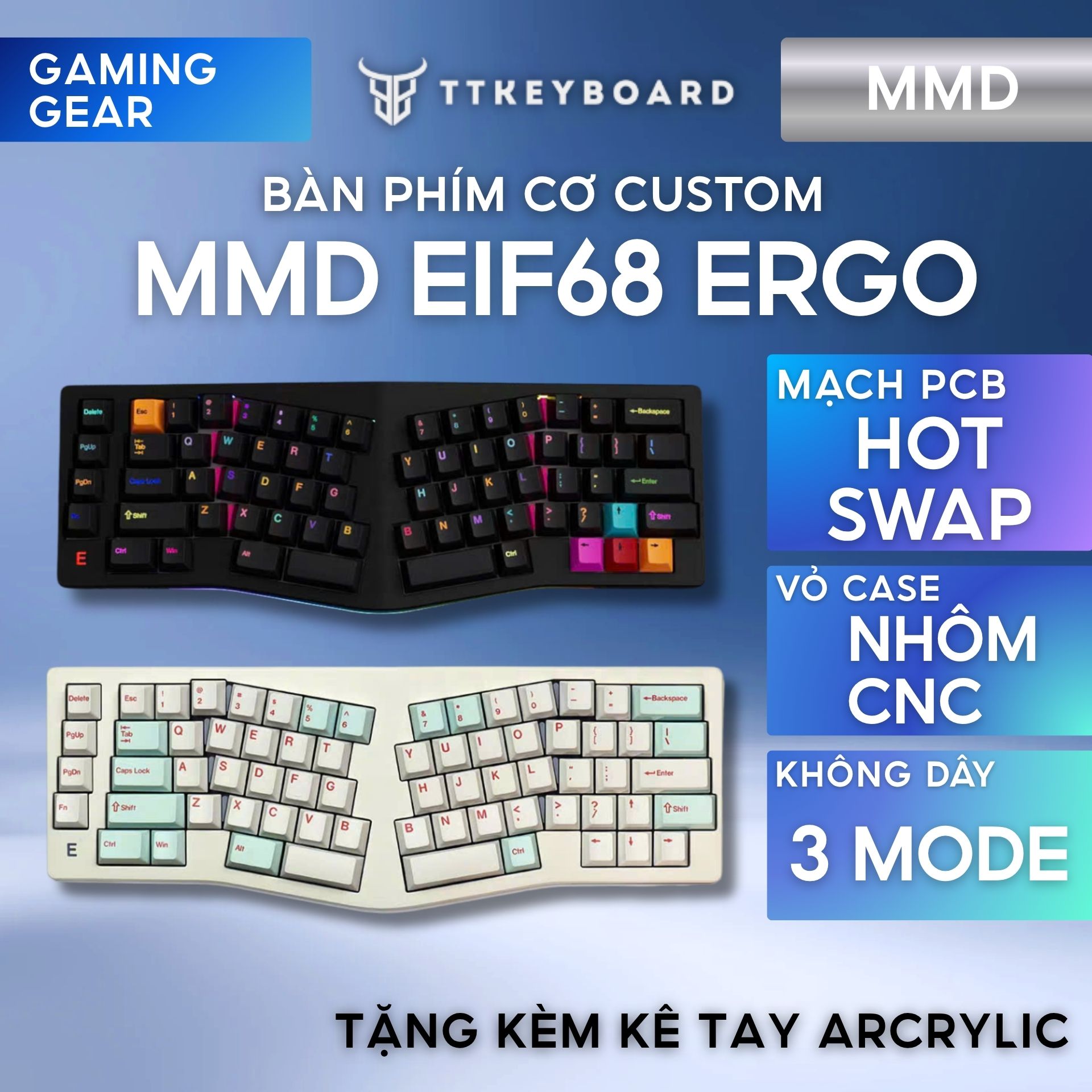 Bàn Phím Cơ Alice MMD EIF68 Ergo Tặng Kèm Kê Tay