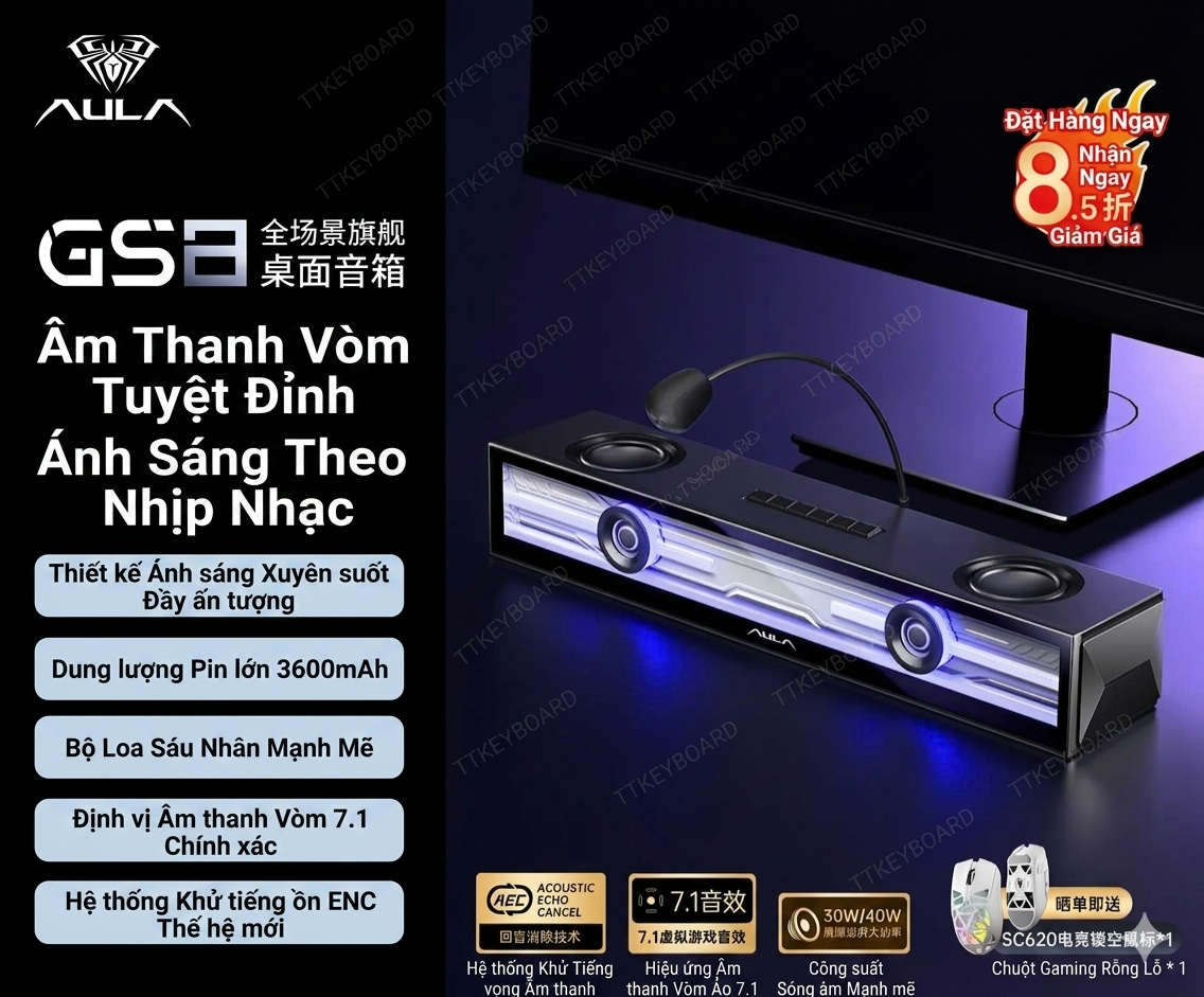 [Đã Đóng GB] Loa Gaming Soundbar Không Dây Aula GS8 40W