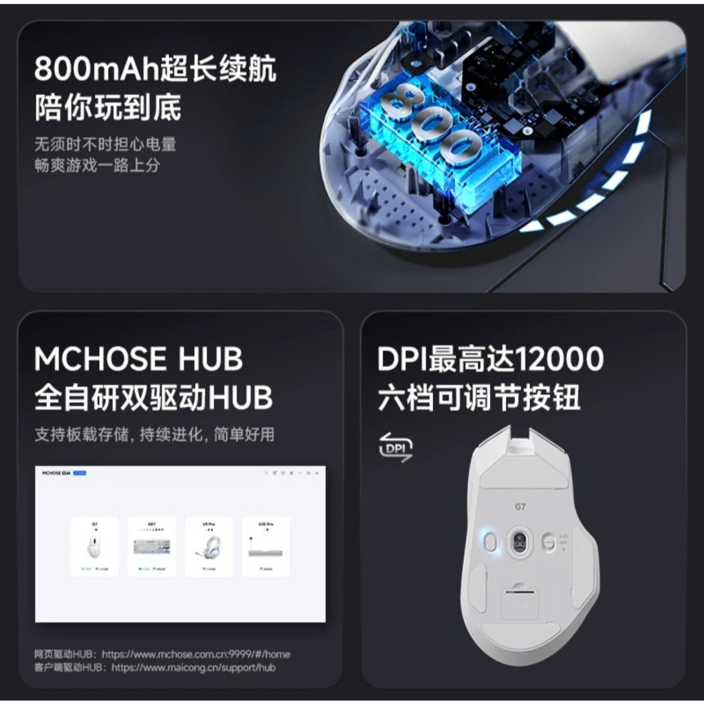 Chuột Gaming Không Dây MCHOSE G7 Công Thái Học 3 Chế Độ Kết Nối PAW3311 Pin 800mAh