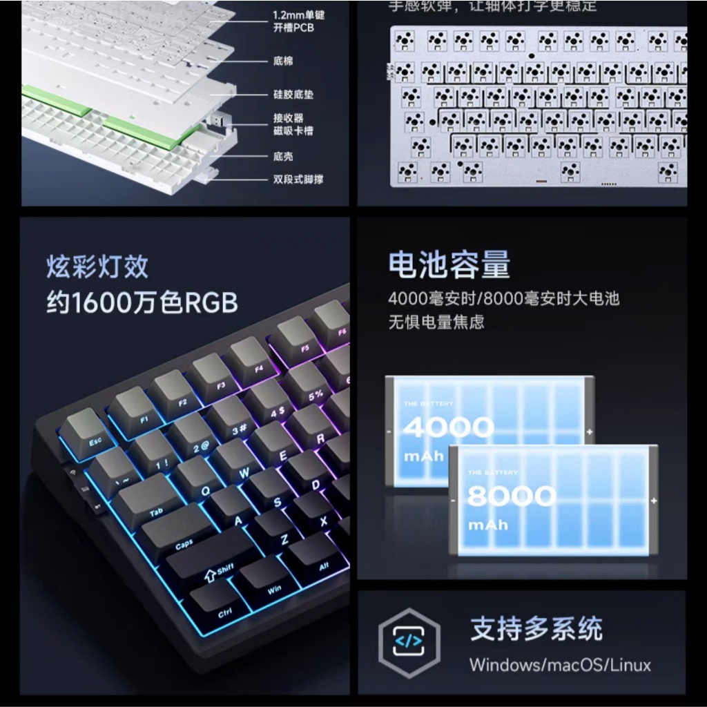 Bàn Phím Cơ Không Dây MCHOSE G75 3 Chế Độ, Mạch Xuôi, Led RGB, Full Foam, Gasket Mount