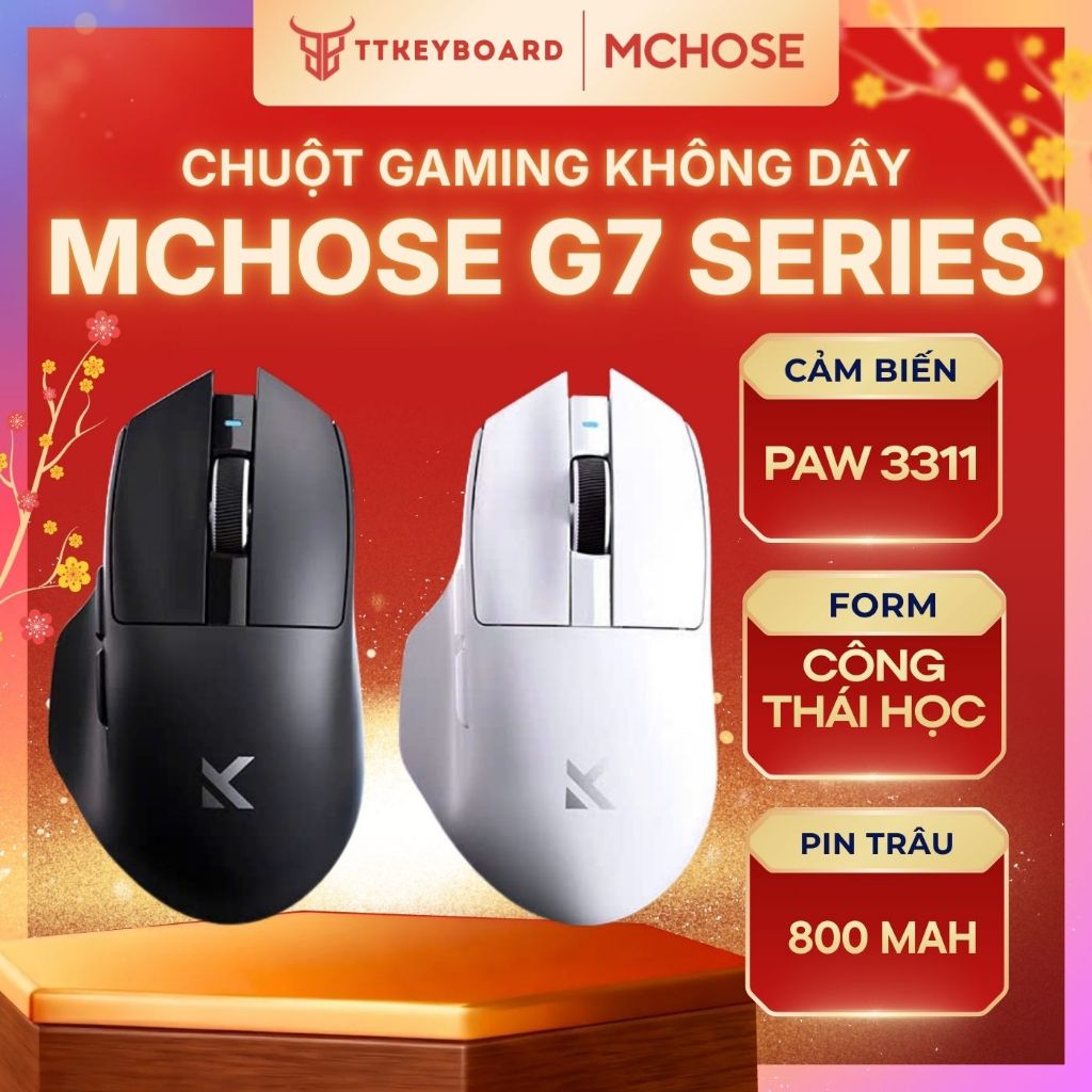 Chuột Gaming Không Dây MCHOSE G7 Công Thái Học 3 Chế Độ Kết Nối PAW3311 Pin 800mAh