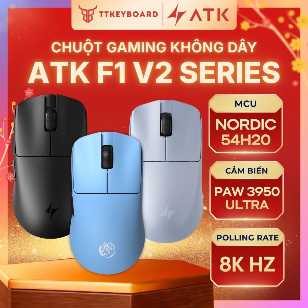 Chuột Gaming Không Dây ATK F1 V2 Series Siêu Nhẹ 38G PAW3950 Ultra Nordic 54H20 Rate 8K