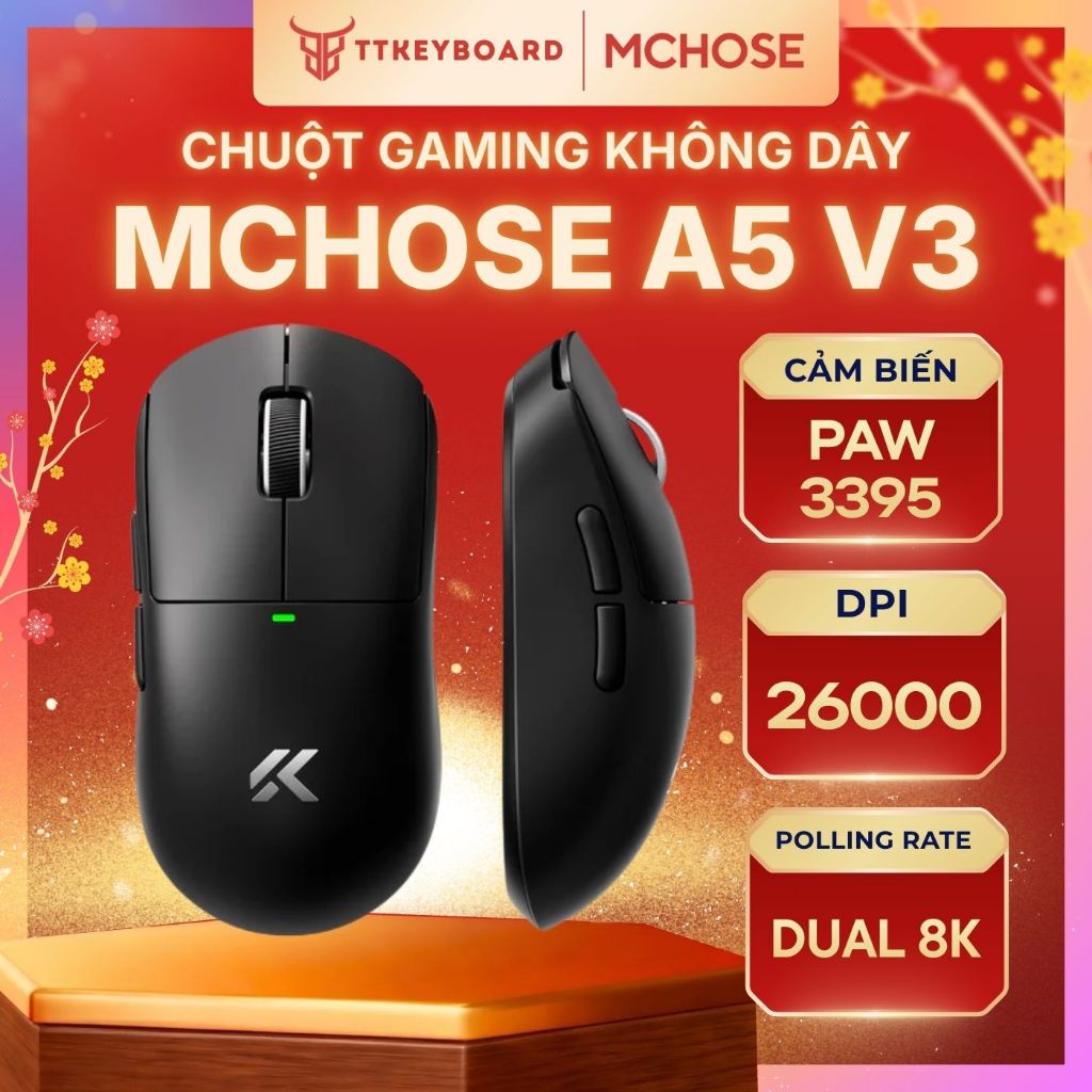 Chuột Không Dây Gaming Mchose A5 V3 Dual 8K Polling Rate Siêu Nhẹ 56G Lớp Phủ Super Glide