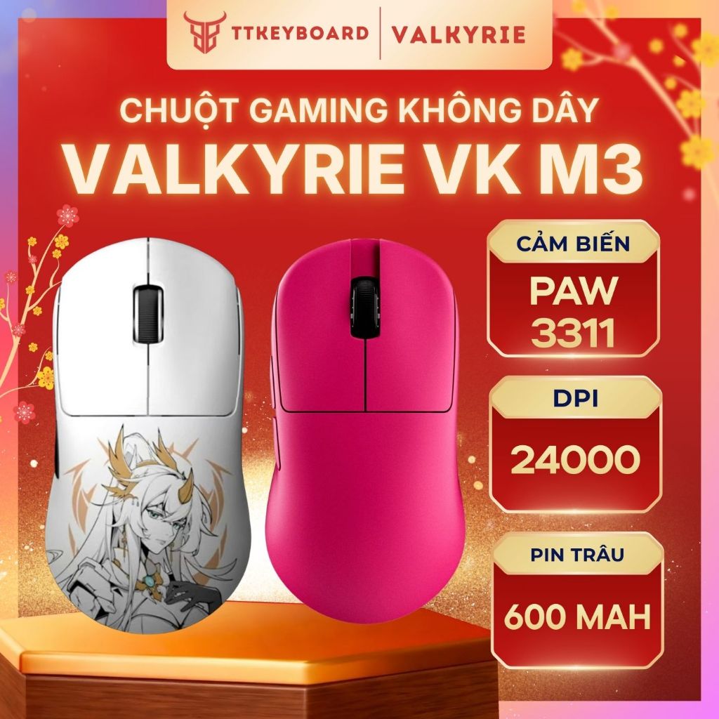 Chuột Gaming Không Dây Valkyrie VK M3 Lite49g PAW3311 DPI 24000 Pin 600mAh