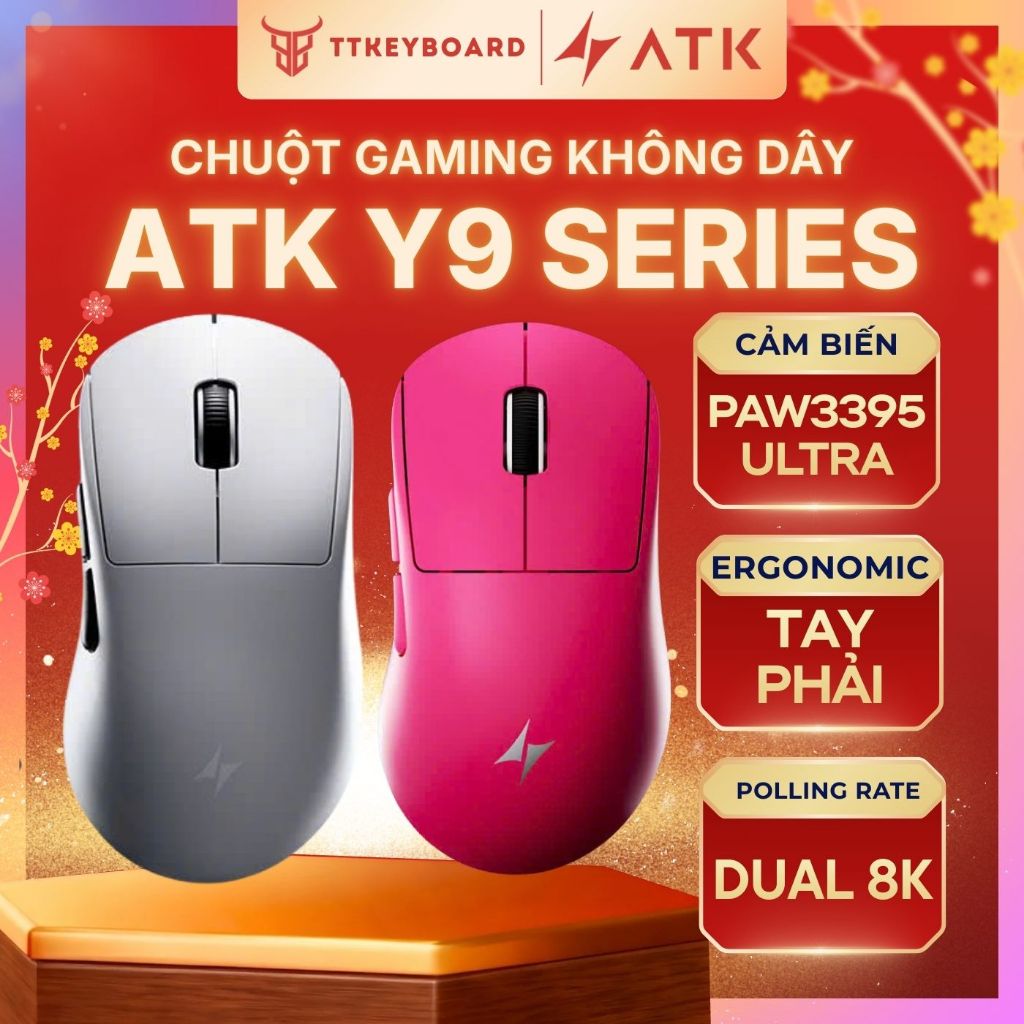 Chuột Gaming Không Dây Ergonomic ATK Y9 Dula 8K Polling Rate Paw 3950 Form Tay Phải